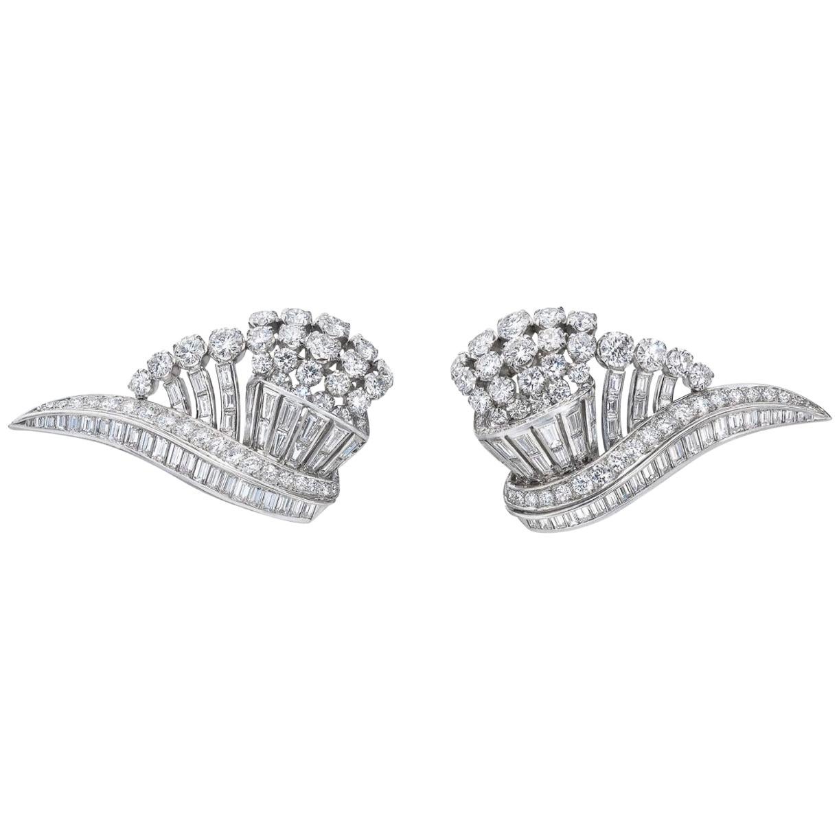 Original Art Deco 16 Carat Diamond Platinum Wing Ear Clips Earrings For Sale