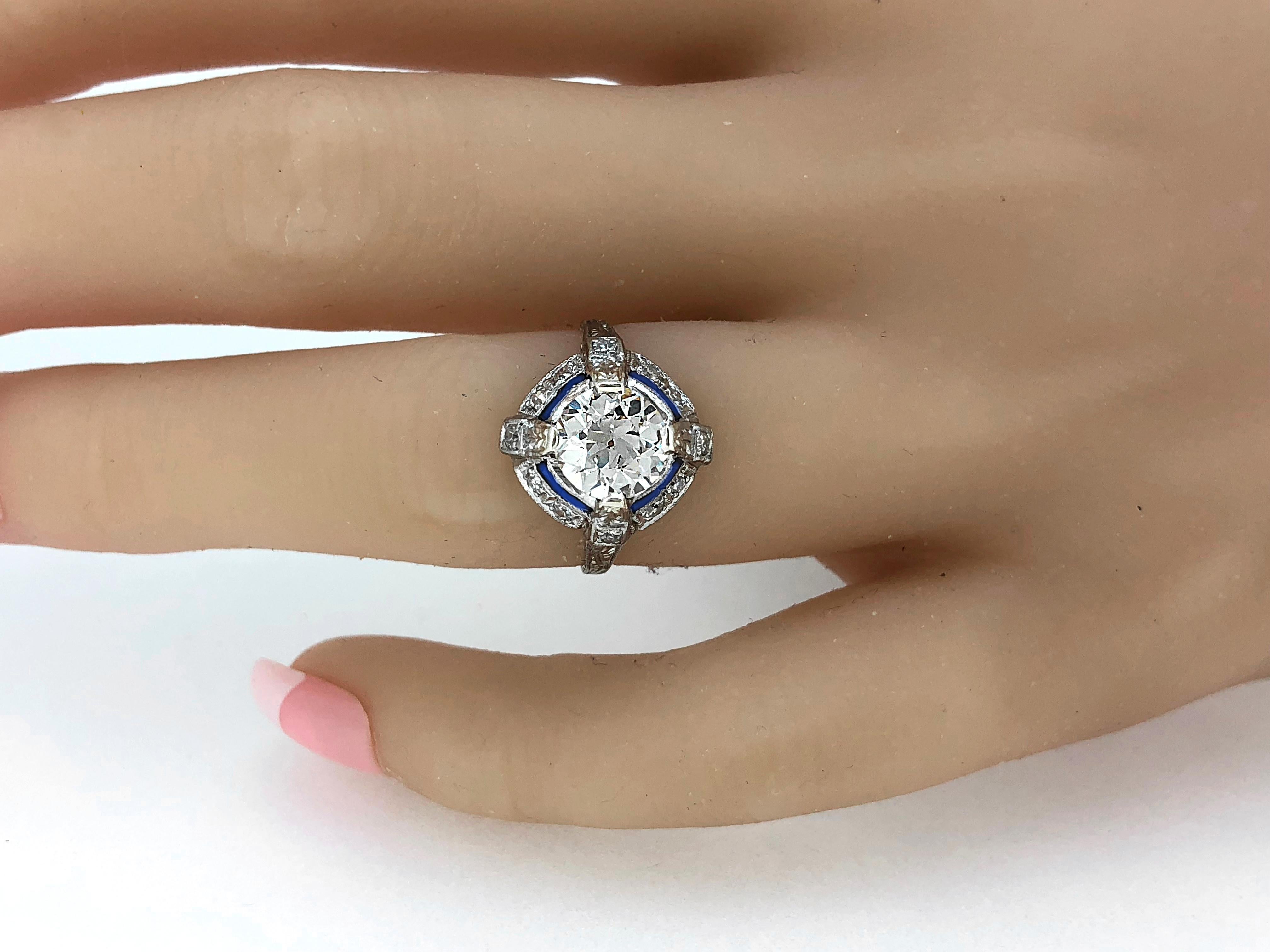 Old European Cut Platinum Art Deco 1.65 Carat Diamond and Sapphire Antique Engagement Ring