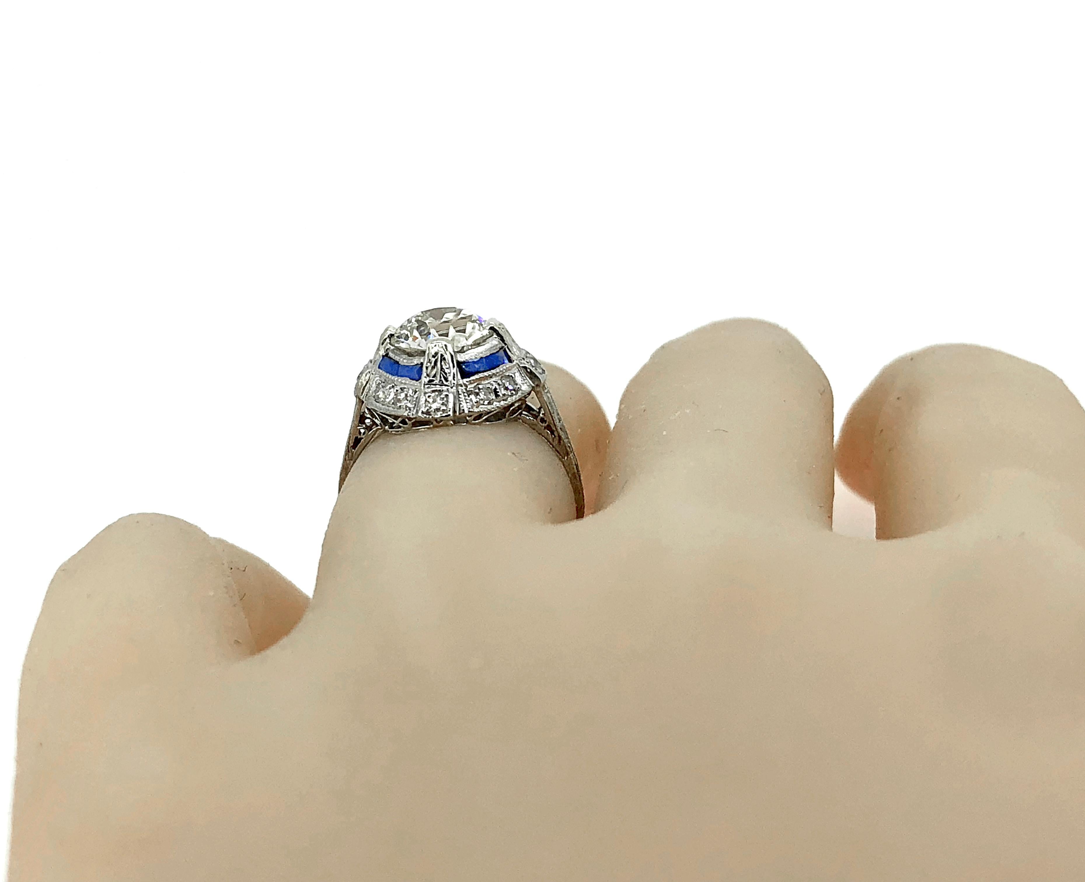 Platinum Art Deco 1.65 Carat Diamond and Sapphire Antique Engagement Ring In Excellent Condition In Tampa, FL