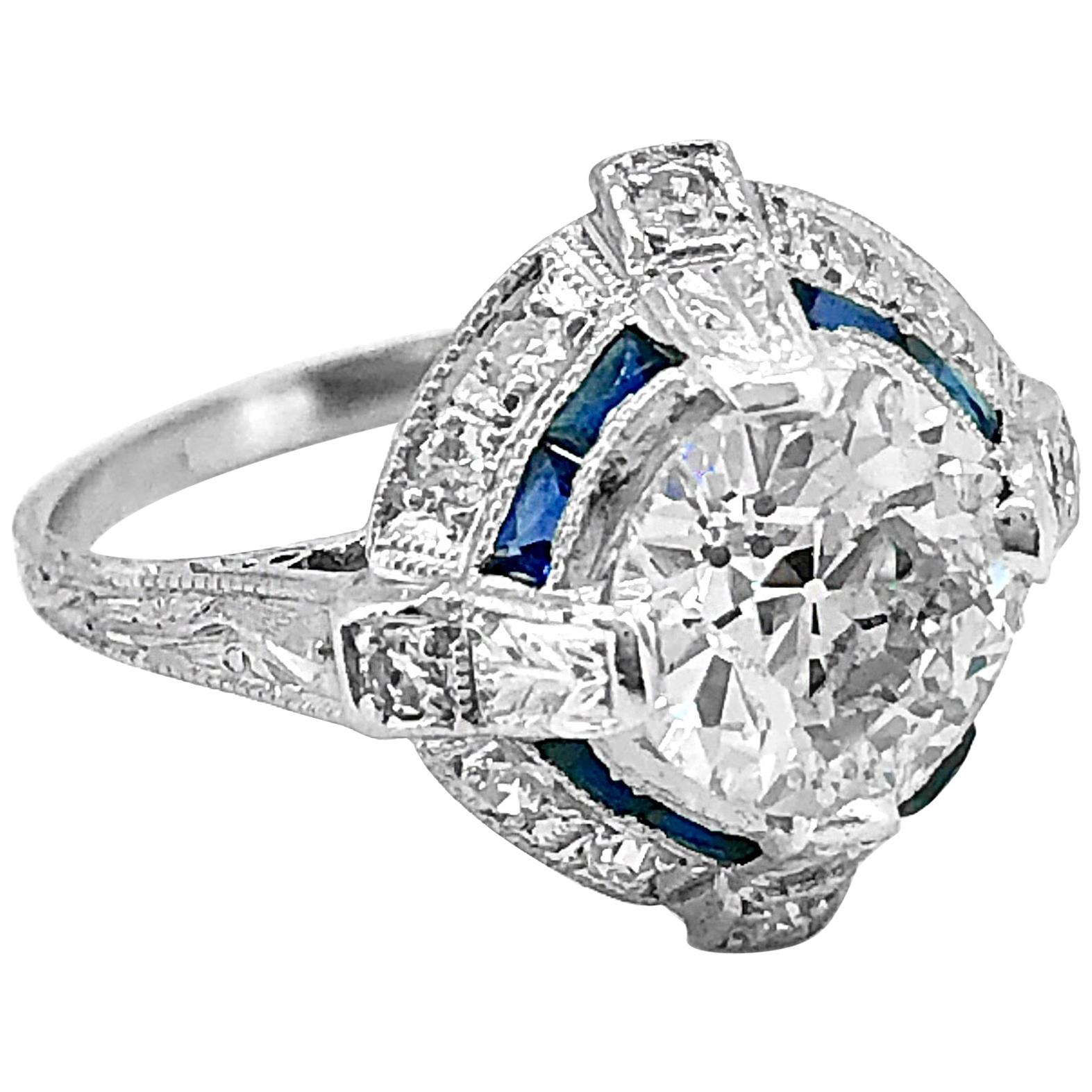 Platinum Art Deco 1.65 Carat Diamond and Sapphire Antique Engagement Ring