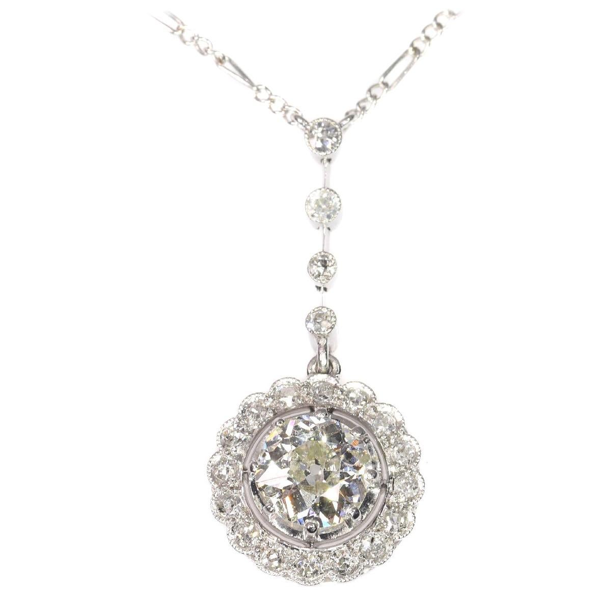 Platinum Art Deco 1.80 Carat Diamond Pendant on Necklace, 1920s For