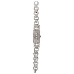 Platinum Art Deco 1920s Longines 14 Carat Diamond Emerald Egyptian Revival Watch