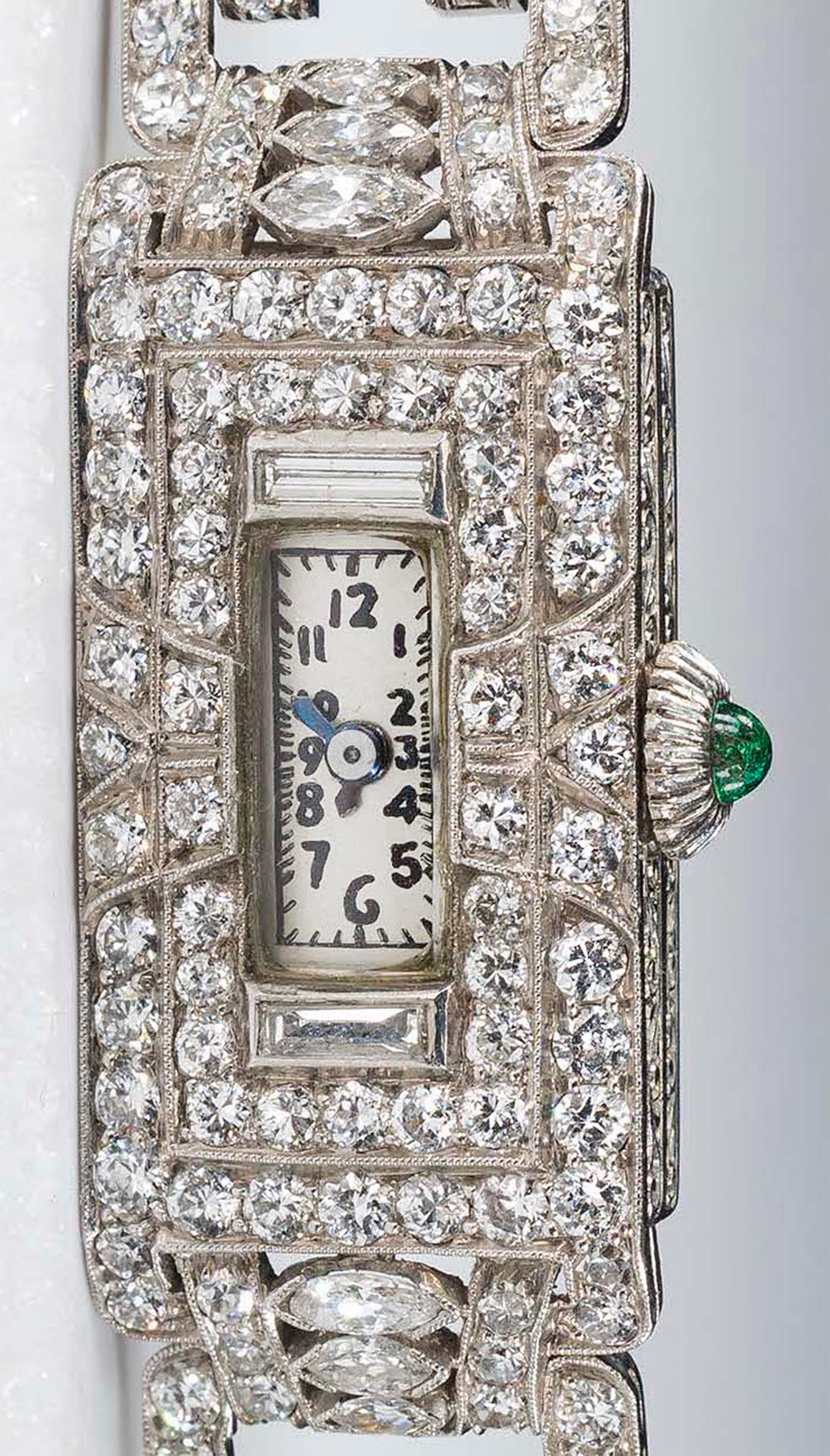 Platinum Art Deco 1920s Longines 14 Carat Diamond Emerald Egyptian Revival Watch 5