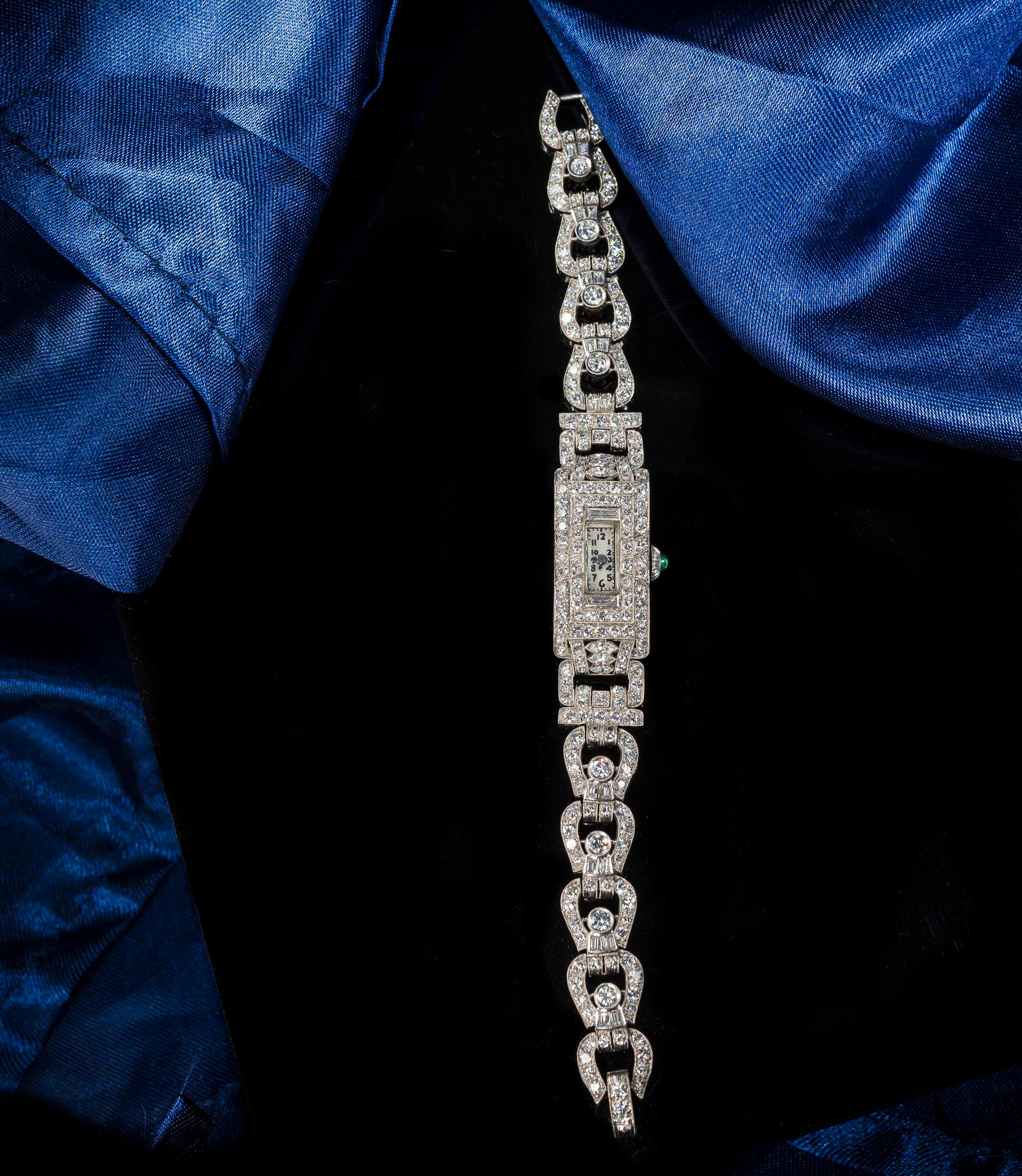 Platinum Art Deco 1920s Longines 14 Carat Diamond Emerald Egyptian Revival Watch 7