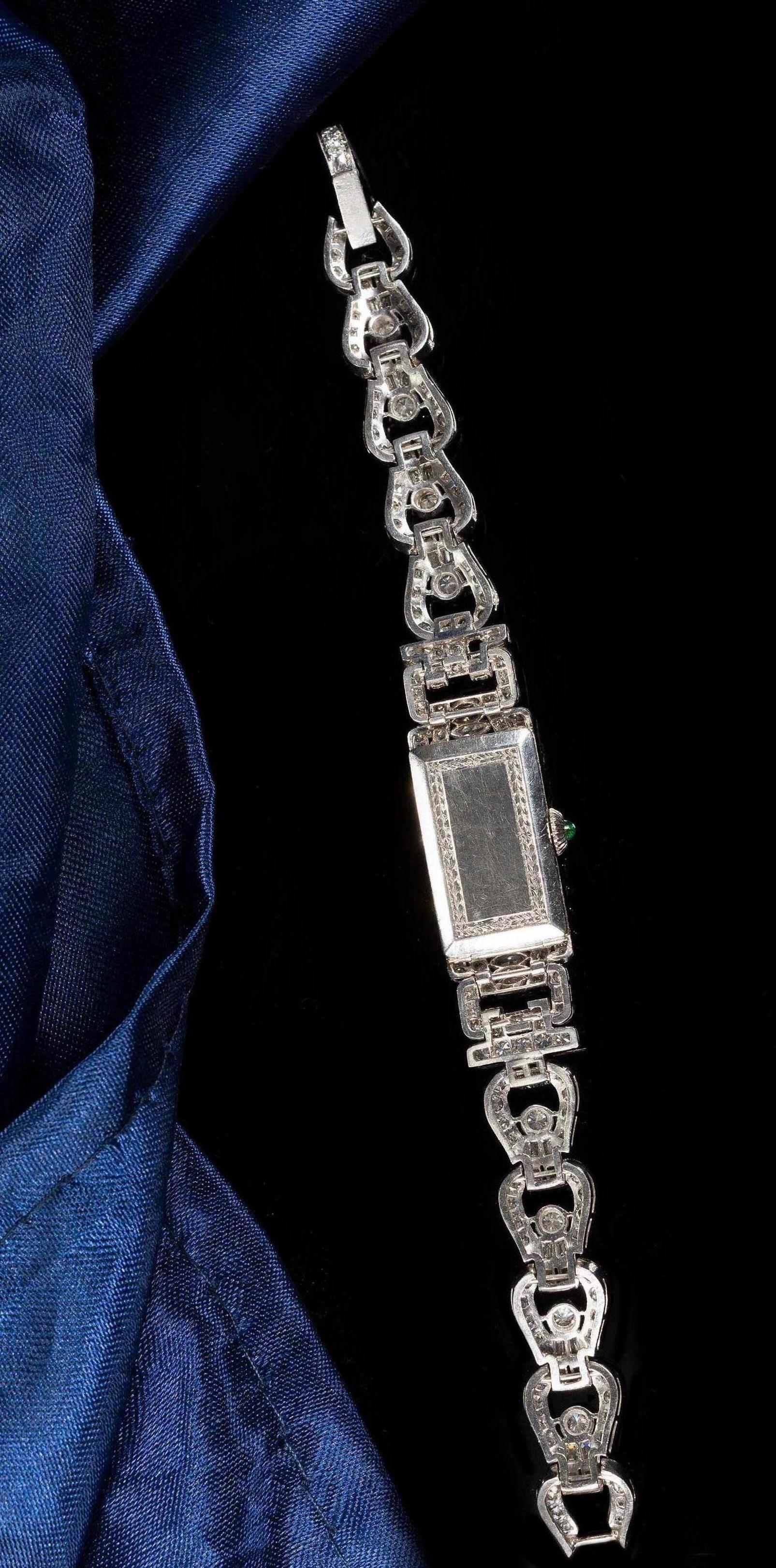 Platinum Art Deco 1920s Longines 14 Carat Diamond Emerald Egyptian Revival Watch 8