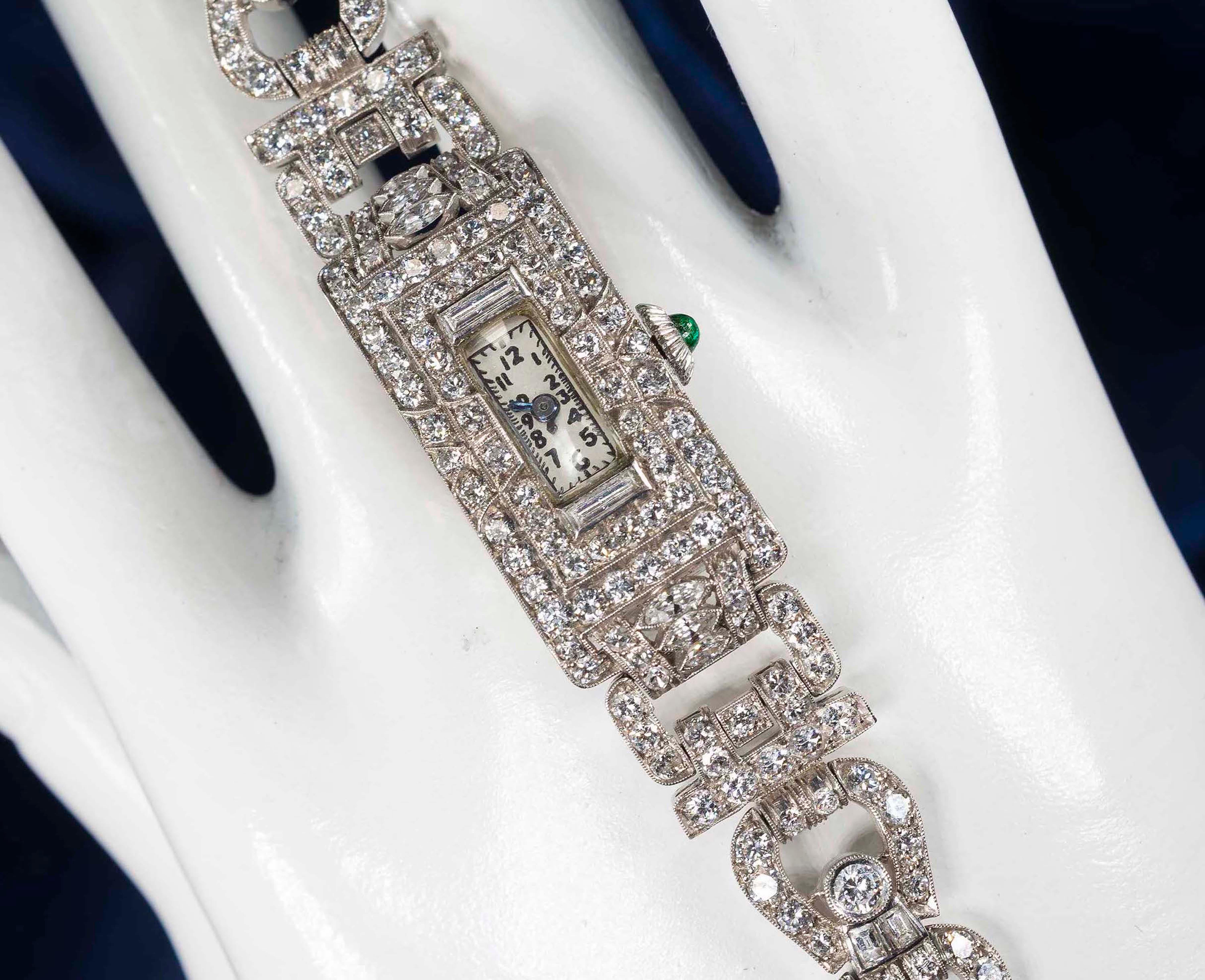 Platinum Art Deco 1920s Longines 14 Carat Diamond Emerald Egyptian Revival Watch 11