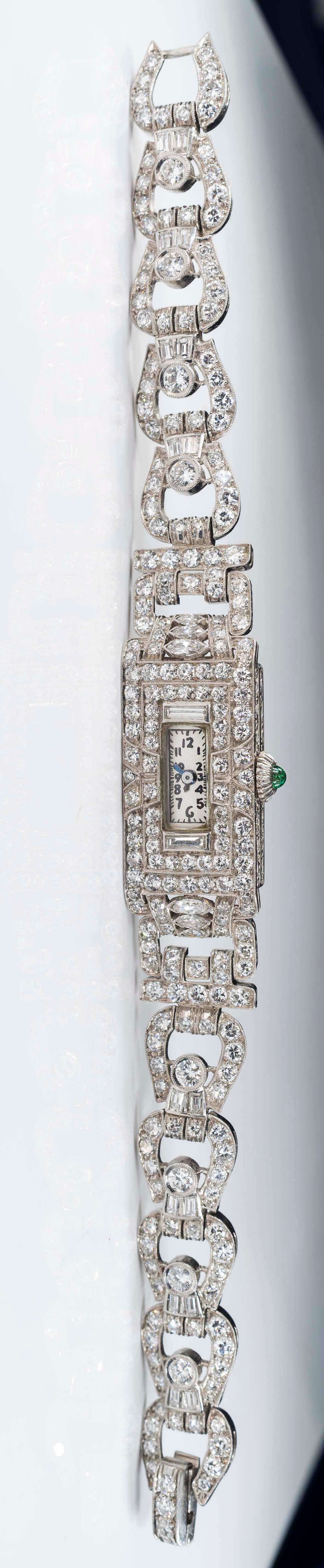 Platinum Art Deco 1920s Longines 14 Carat Diamond Emerald Egyptian Revival Watch 12