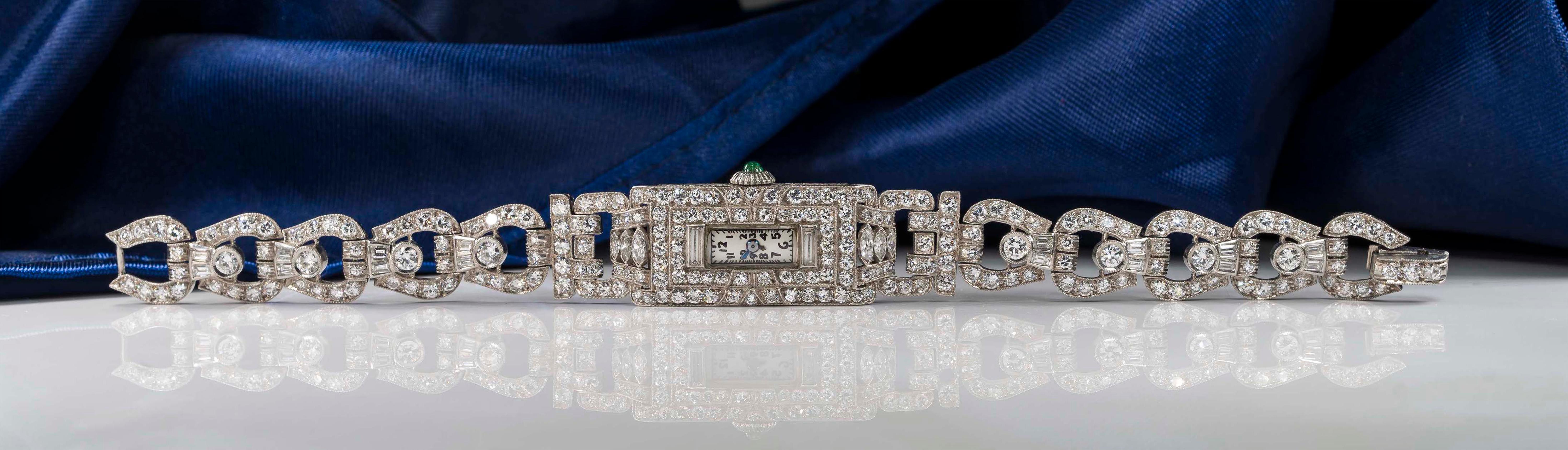 Platinum Art Deco 1920s Longines 14 Carat Diamond Emerald Egyptian Revival Watch 13