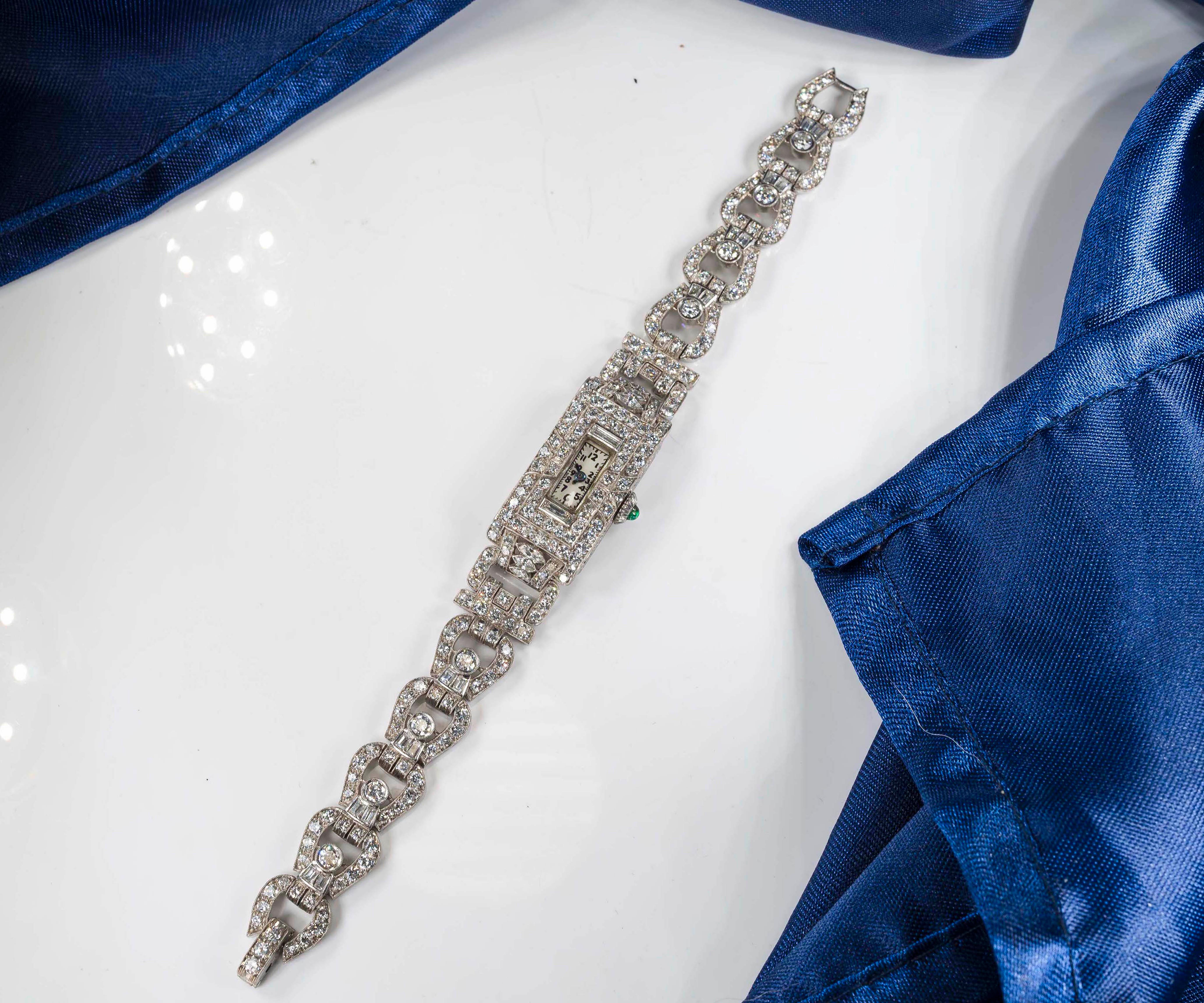 Platinum Art Deco 1920s Longines 14 Carat Diamond Emerald Egyptian Revival Watch 14