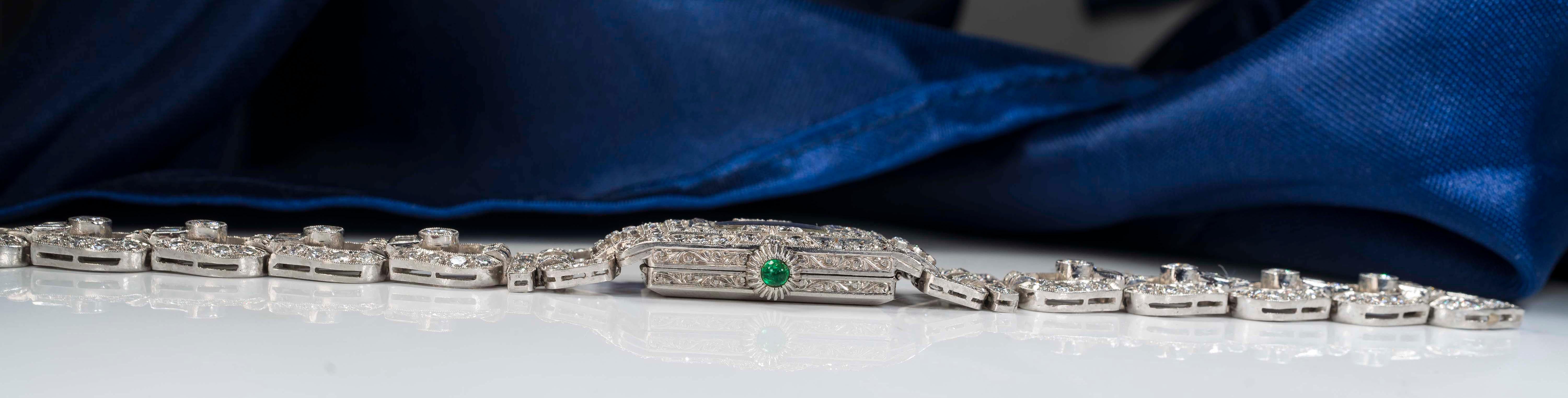 Platinum Art Deco 1920s Longines 14 Carat Diamond Emerald Egyptian Revival Watch 15