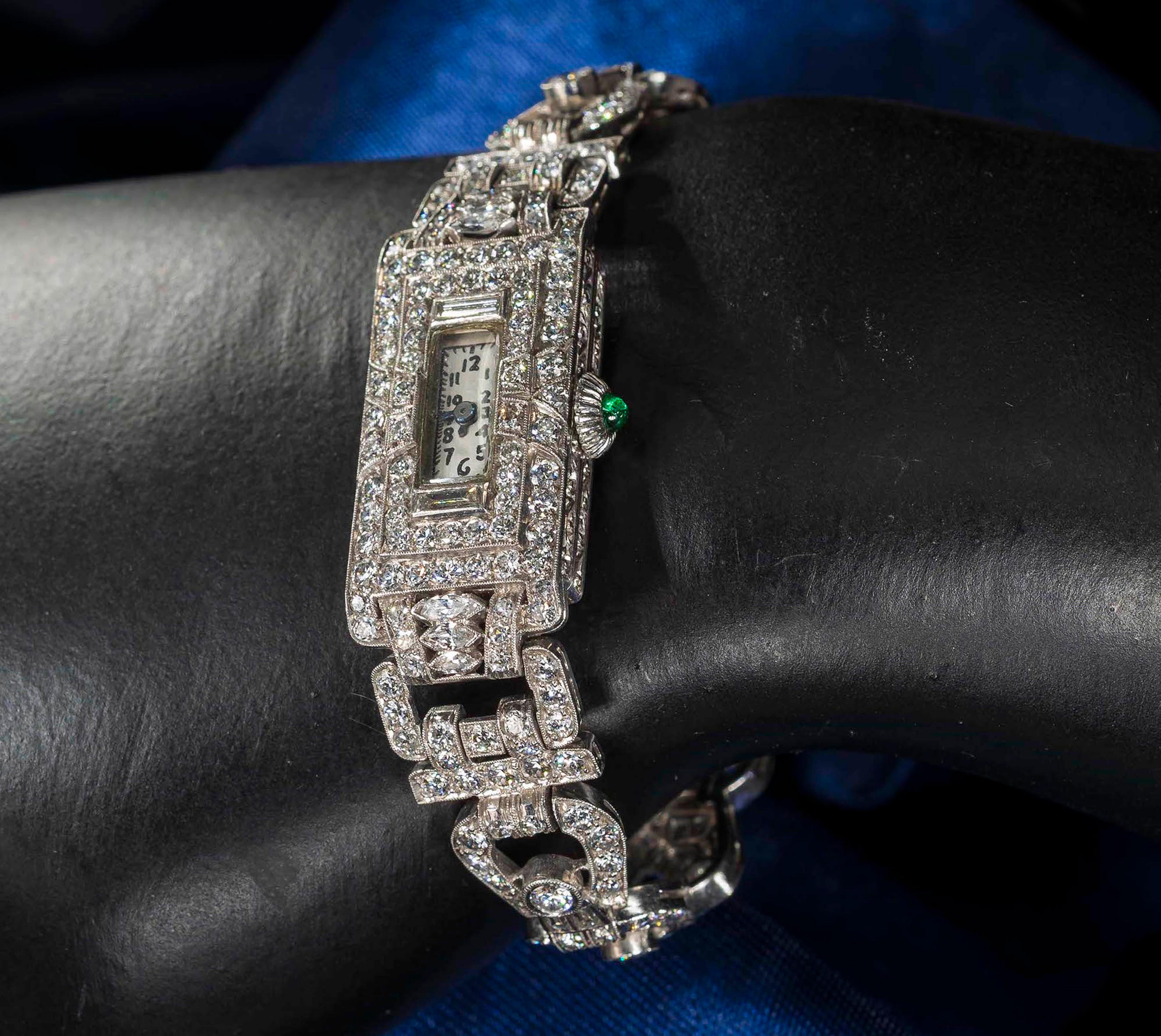 Marquise Cut Platinum Art Deco 1920s Longines 14 Carat Diamond Emerald Egyptian Revival Watch