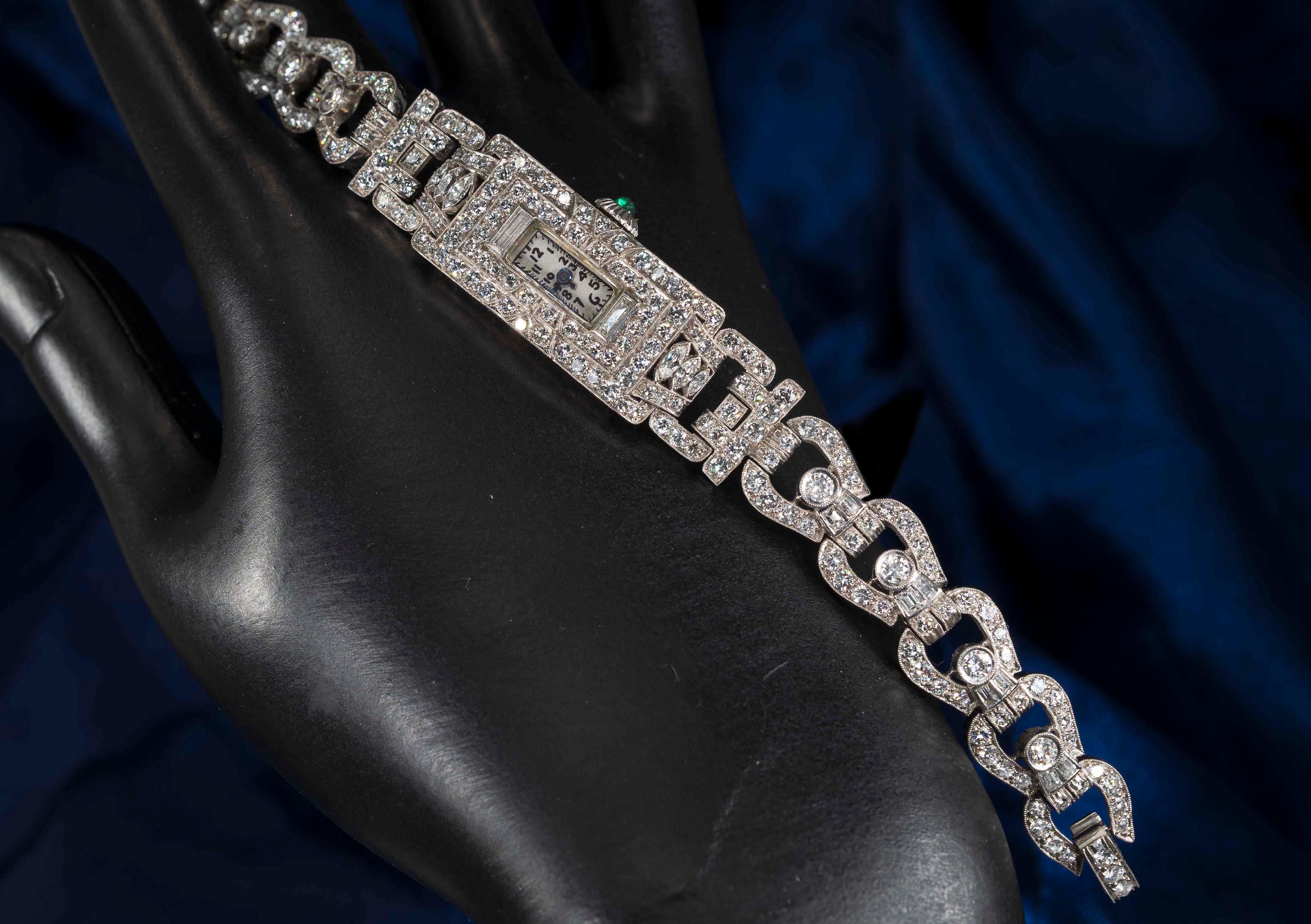 Platinum Art Deco 1920s Longines 14 Carat Diamond Emerald Egyptian Revival Watch 2