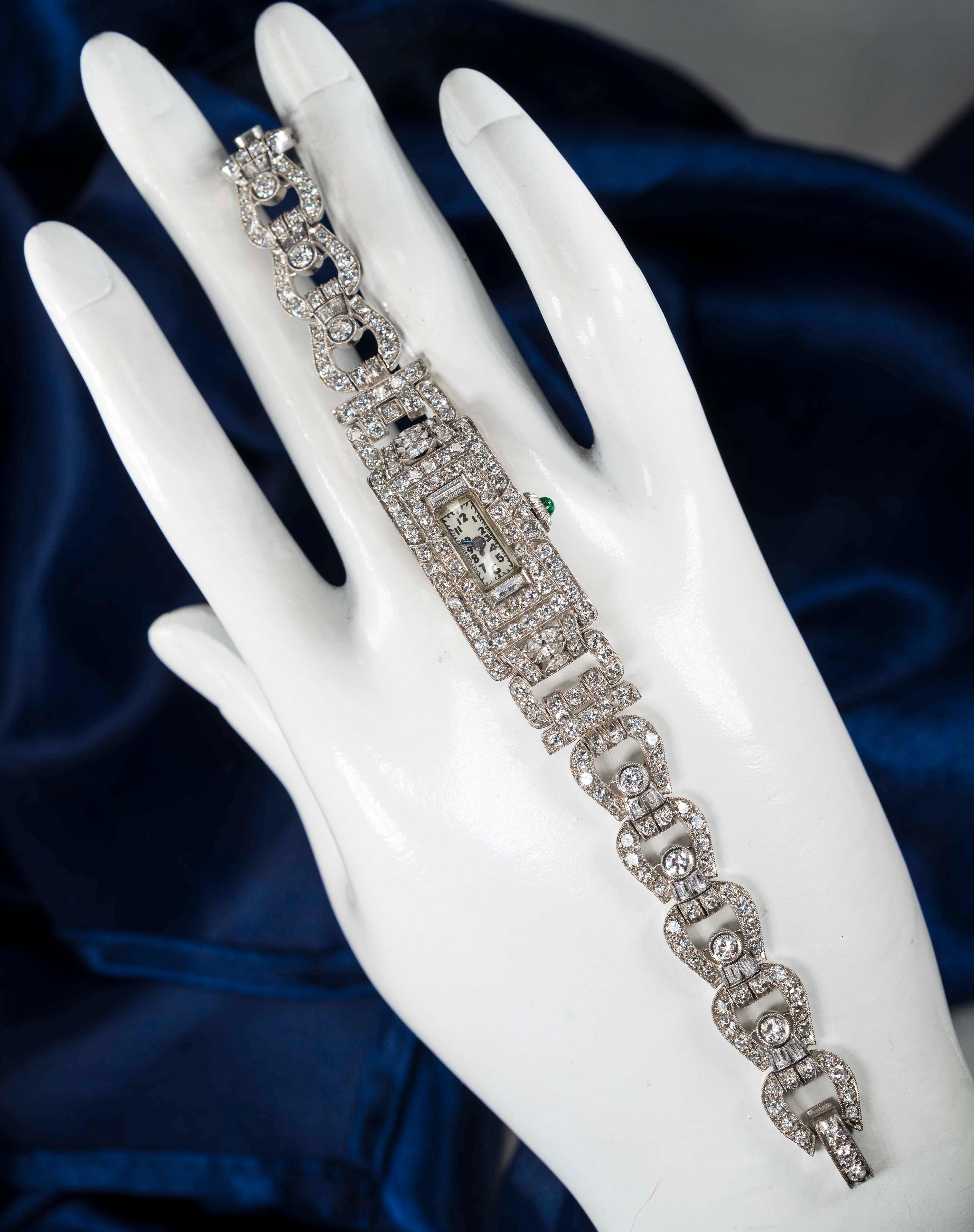 Platinum Art Deco 1920s Longines 14 Carat Diamond Emerald Egyptian Revival Watch 4