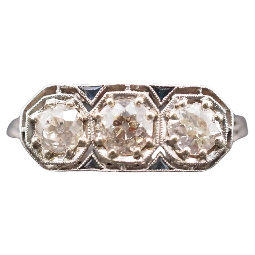 Platinum Art Deco 1920s Three Stone Ring with Sapphire Accents
