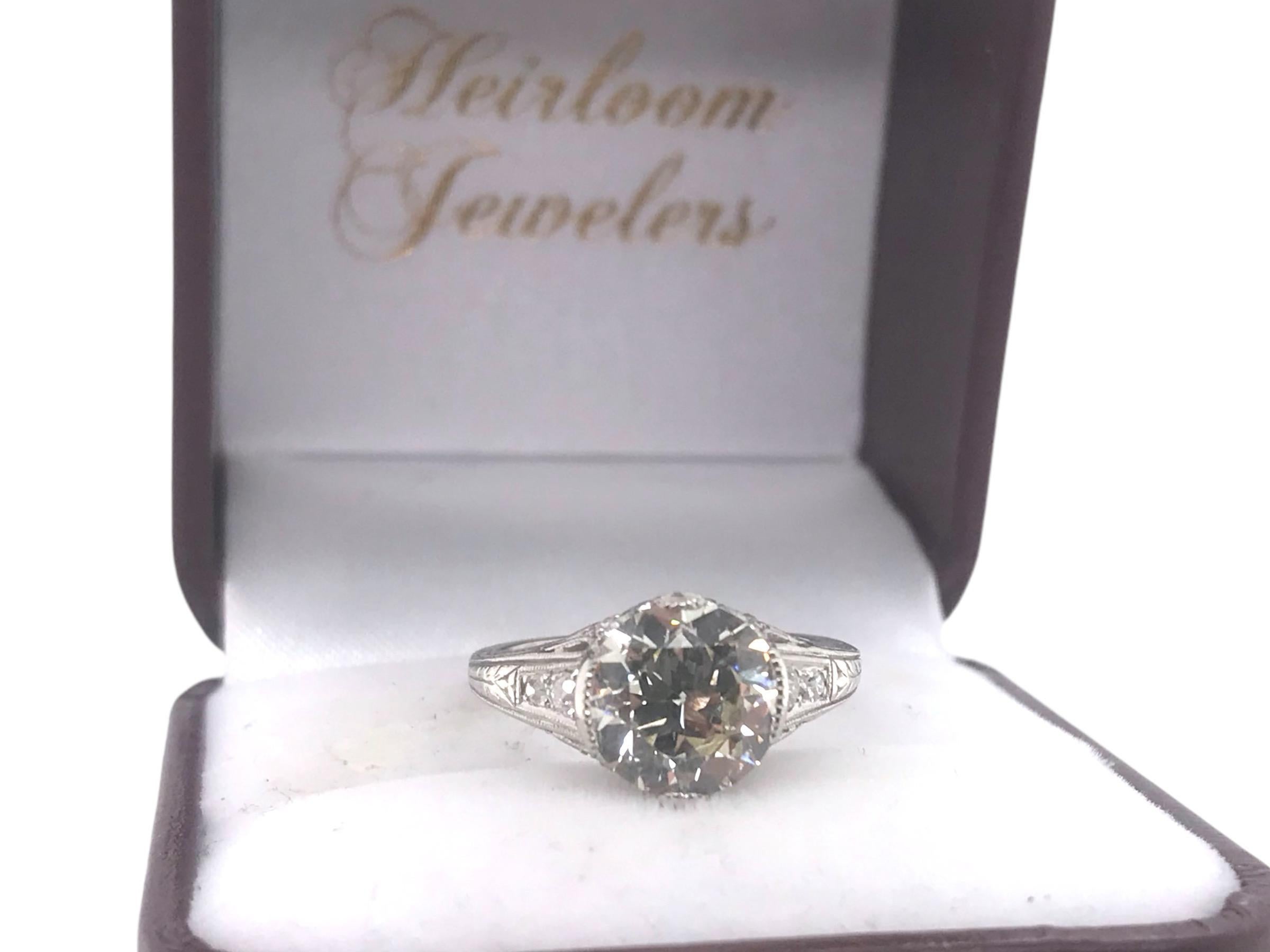 Platinum Art Deco 2.53 Carat Old European Cut Engagement Ring GIA 5