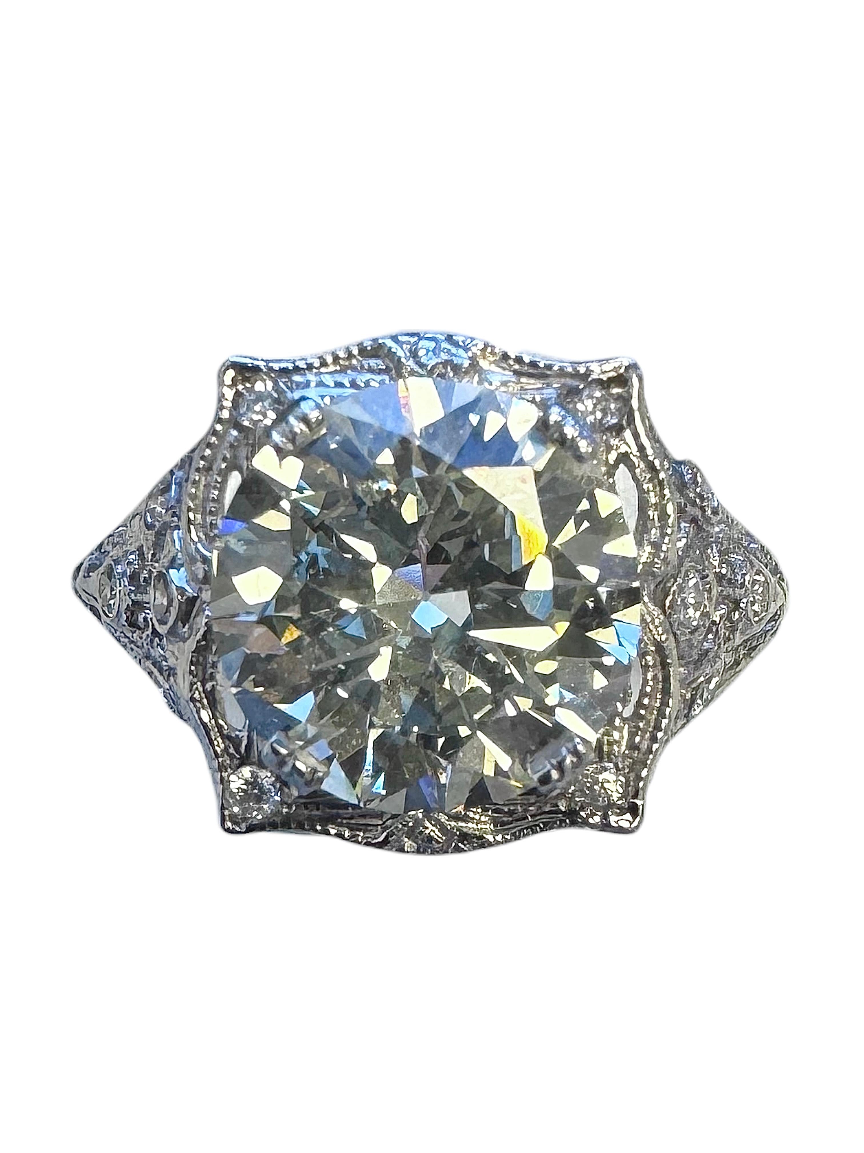 Taille vieille Europe Bague en platine Art déco 3.42ct Old European Cut Diamond Ring avec accents en diamant en vente