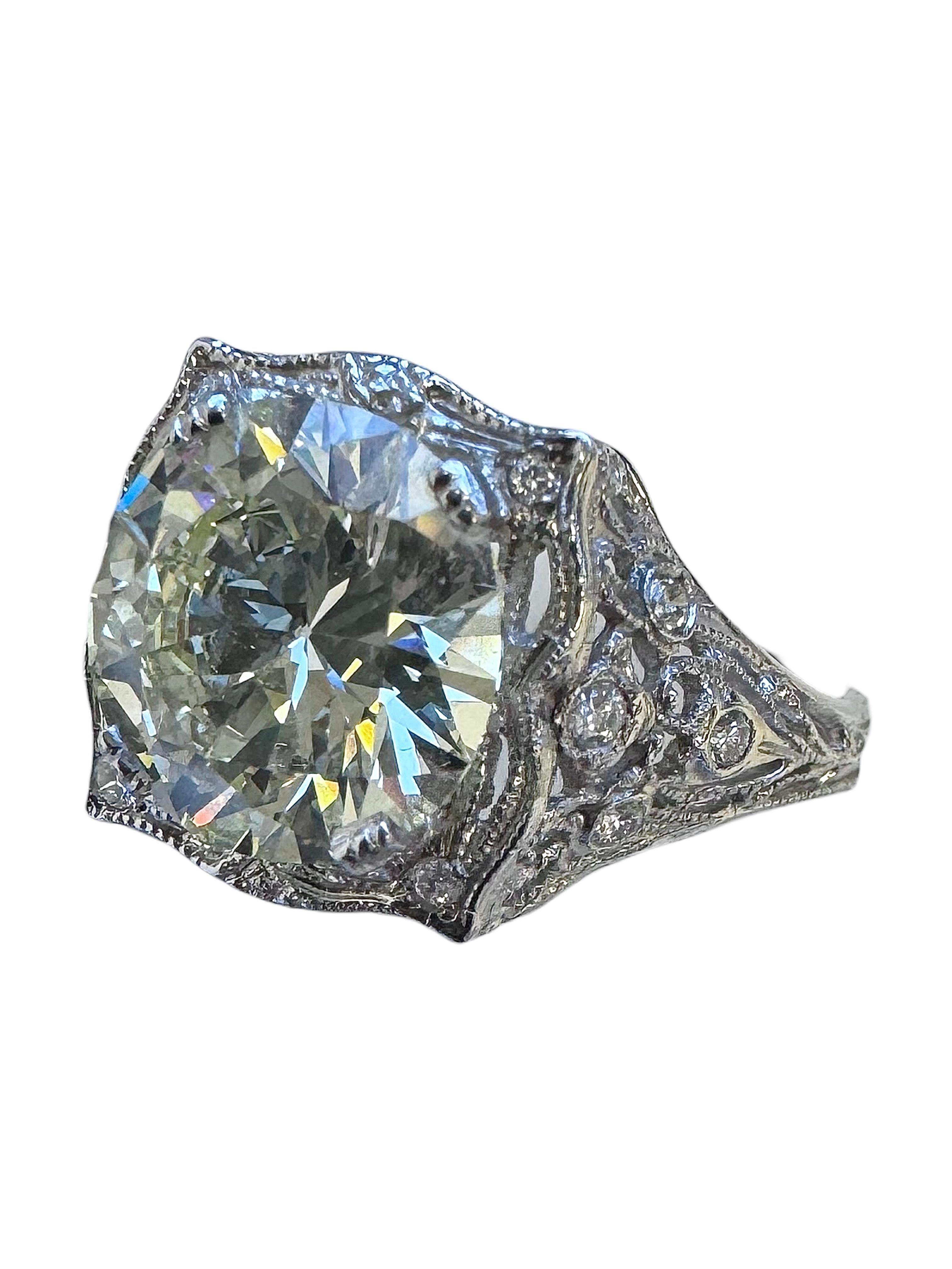 Bague en platine Art déco 3.42ct Old European Cut Diamond Ring avec accents en diamant Unisexe en vente