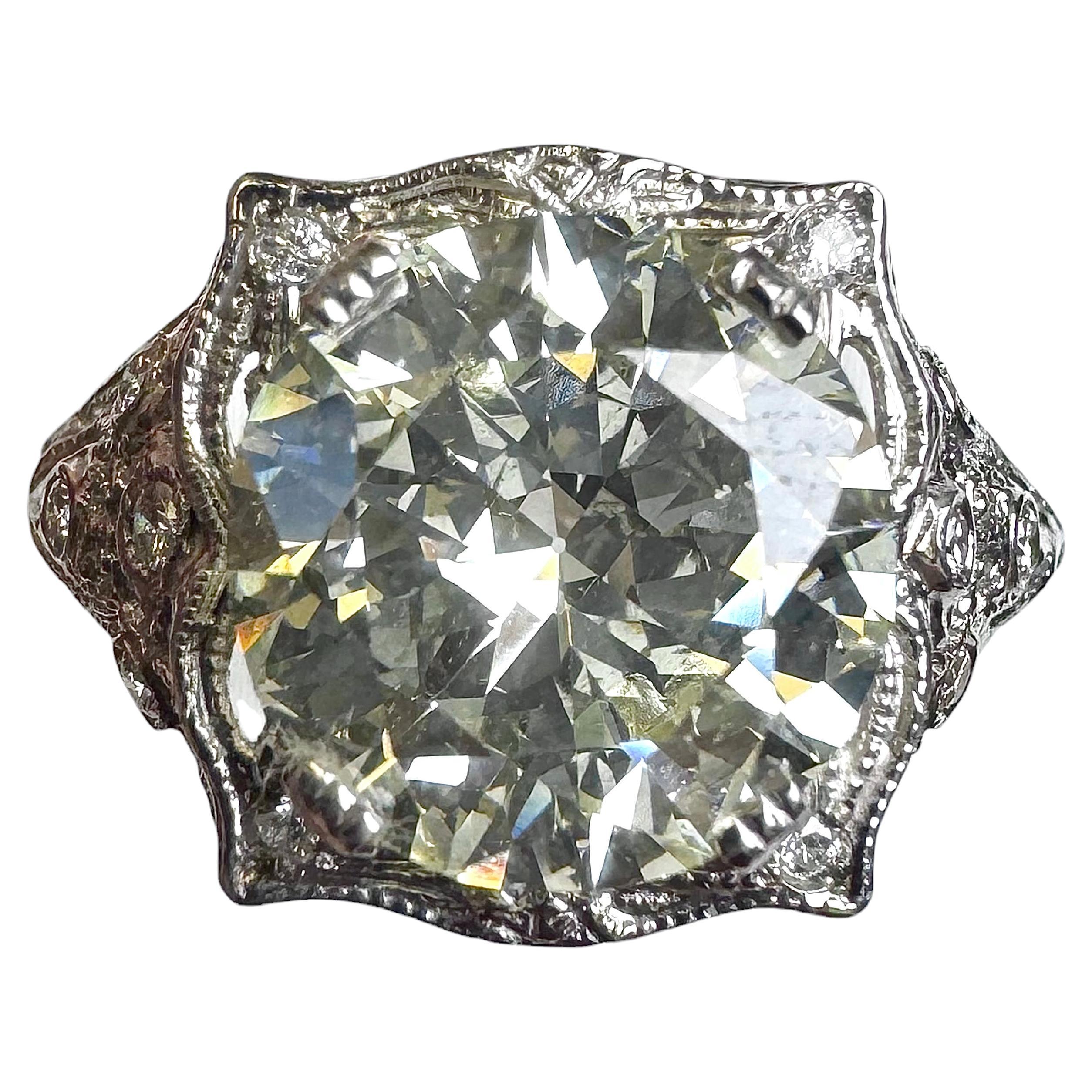 Bague en platine Art déco 3.42ct Old European Cut Diamond Ring avec accents en diamant en vente
