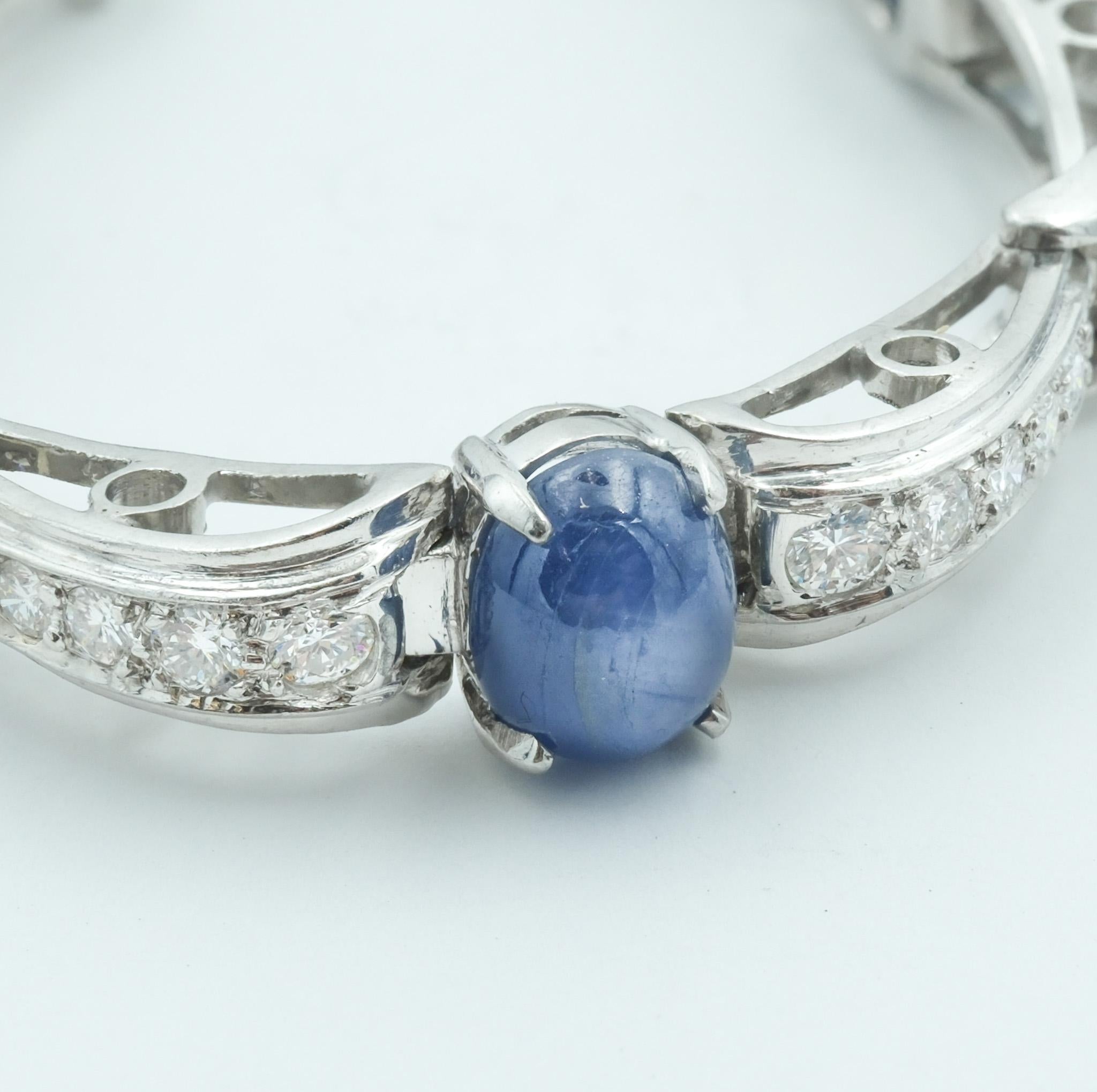 Cabochon Art Deco Platinum Blue Star Sapphire and Diamond Line Bracelet