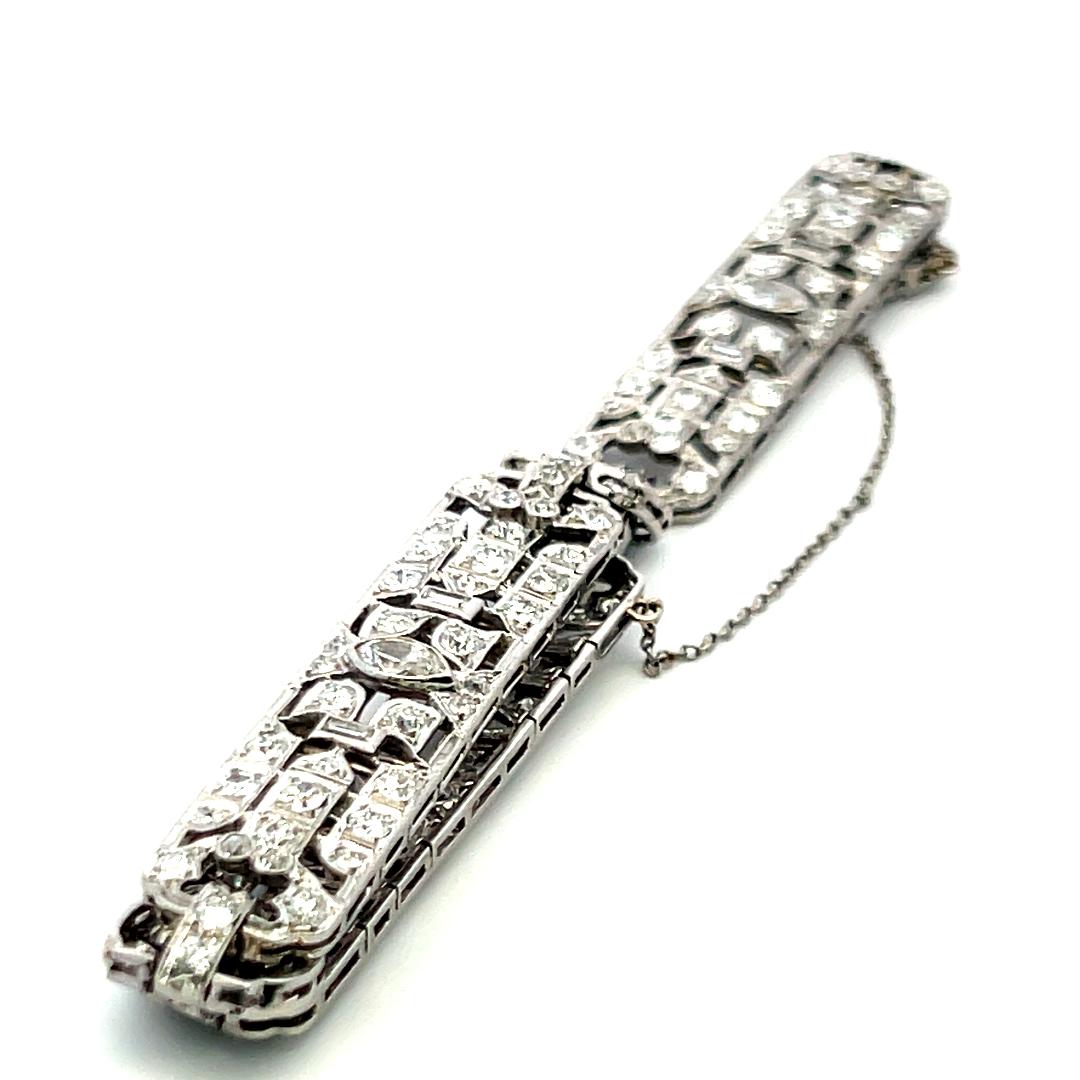 Pulsera de diamantes Art Déco de platino de 4,36 ct con europeo antiguo, marqués y baguette en venta 4