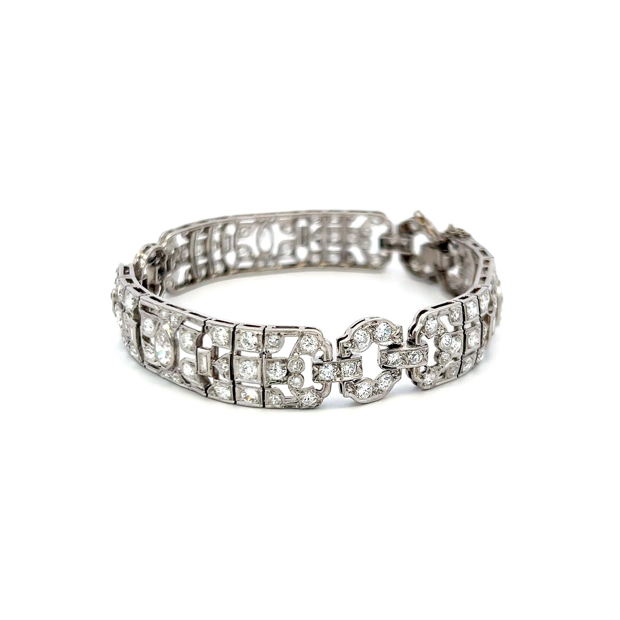 Pulsera de diamantes Art Déco de platino de 4,36 ct con europeo antiguo, marqués y baguette Corte europeo antiguo en venta