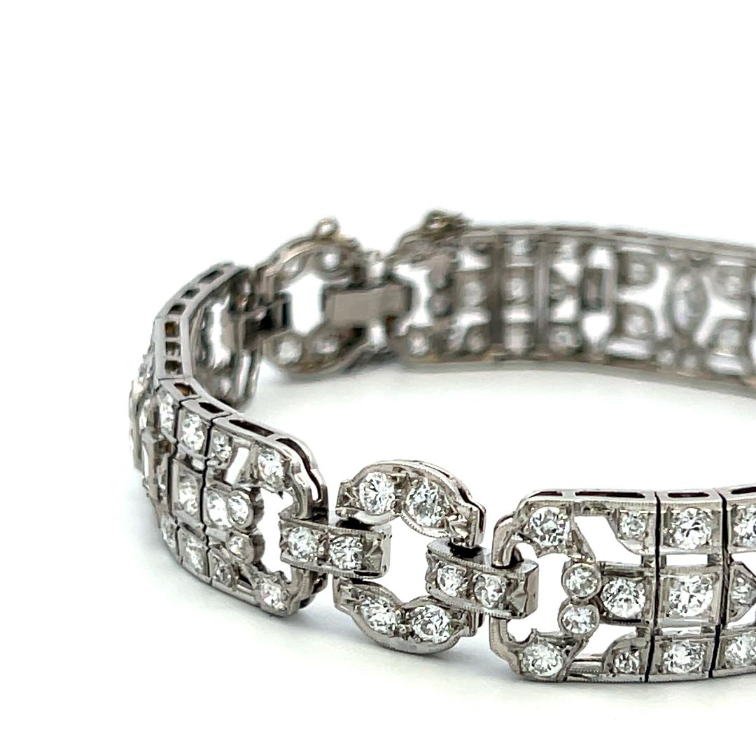 Pulsera de diamantes Art Déco de platino de 4,36 ct con europeo antiguo, marqués y baguette en venta 2