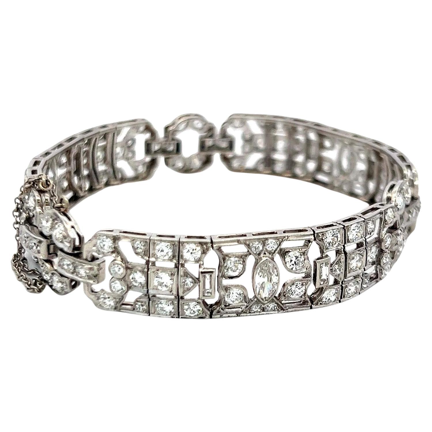 Platinum Art Deco 4.36ct Diamond Bracelet with Old European, Marquis
Baguette