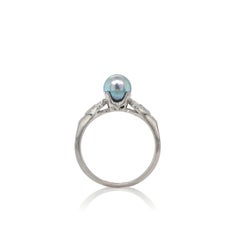Platinum Art Deco 6.3mm Blue Akoya Pearl and Diamond Ring size 6.75