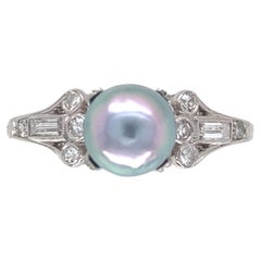 Platinum Art Deco 6.3mm Blue Akoya Pearl and Diamond Ring size 6.75