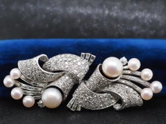 Broche double clip en platine Art Deco 6,50ct perle et diamant vieux européen - VHK