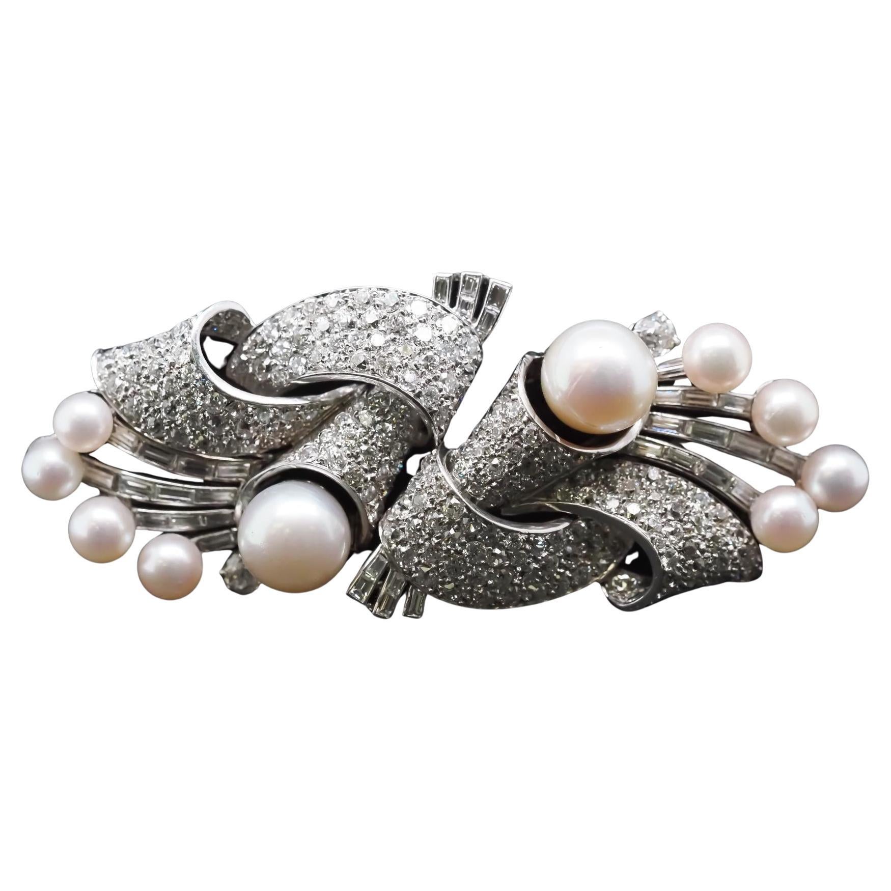Spilla a doppia clip in platino Art Deco con perle e diamanti europei antichi da 6,50 carati - VHK