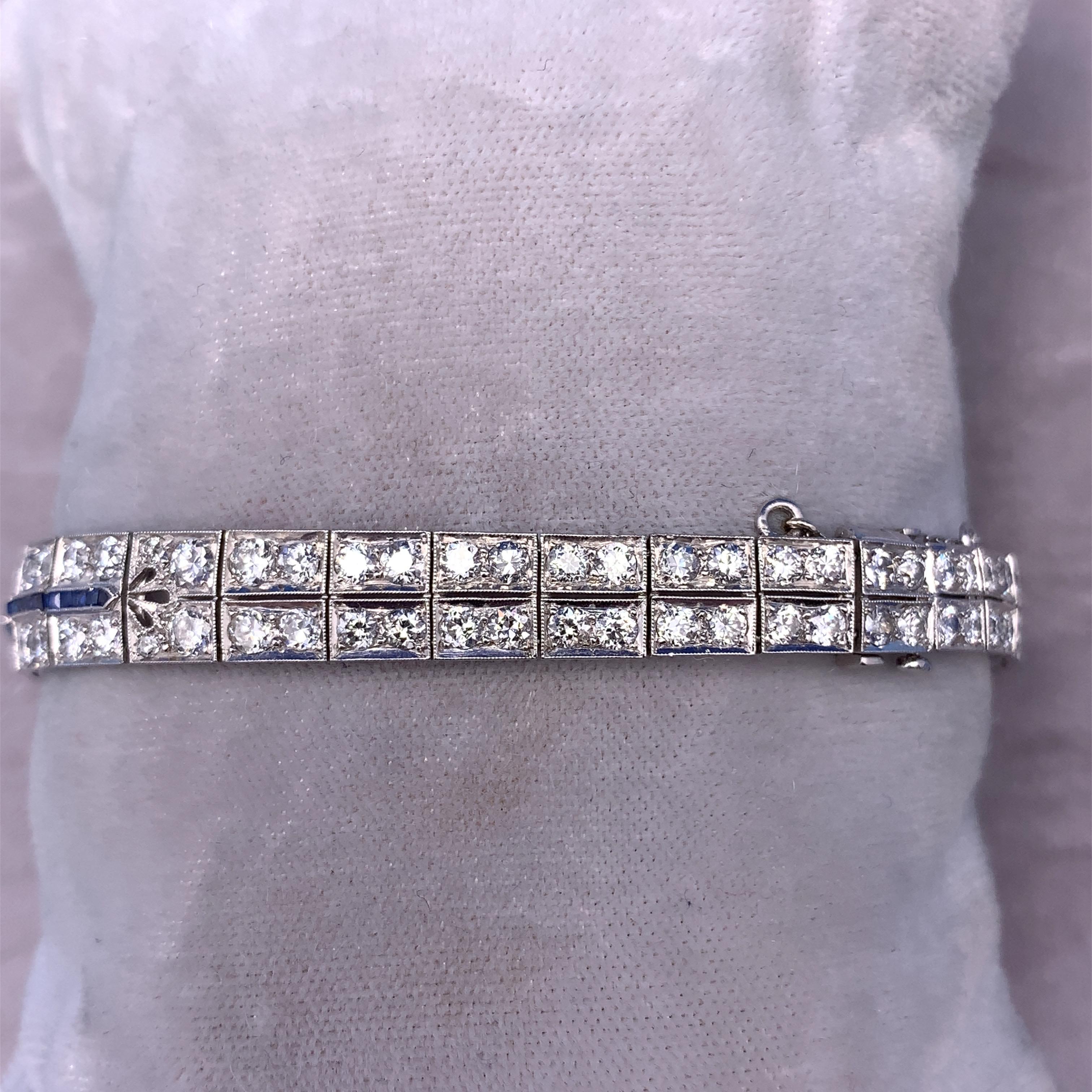 Platin Art Deco 8,5 Karat Diamantarmband mit synthetischen Saphiren '#J4561' (Marquiseschliff)