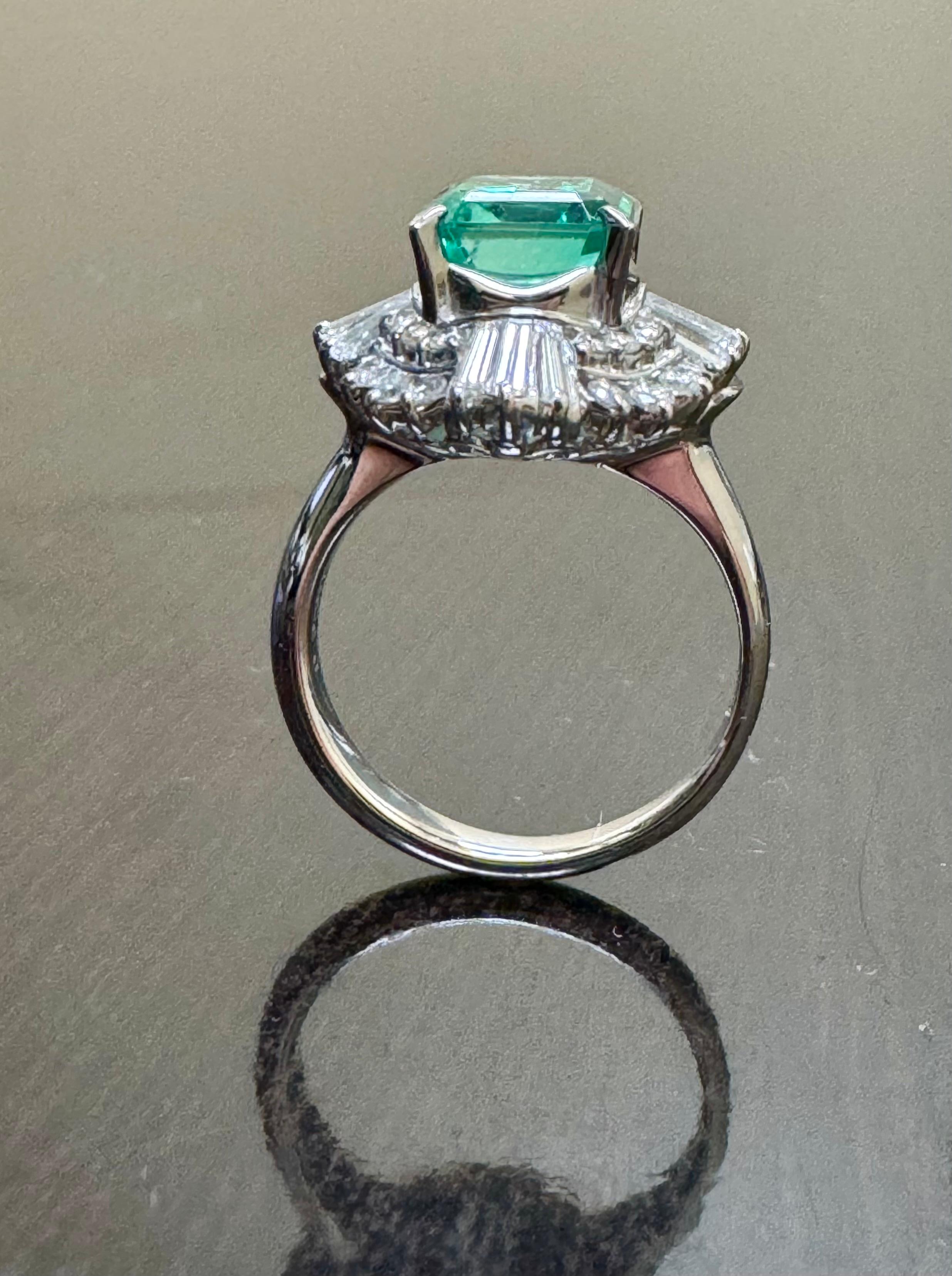 Emerald Cut Platinum Art Deco Baguette Diamond 2.58 Carat Colombian Emerald Engagement Ring For Sale