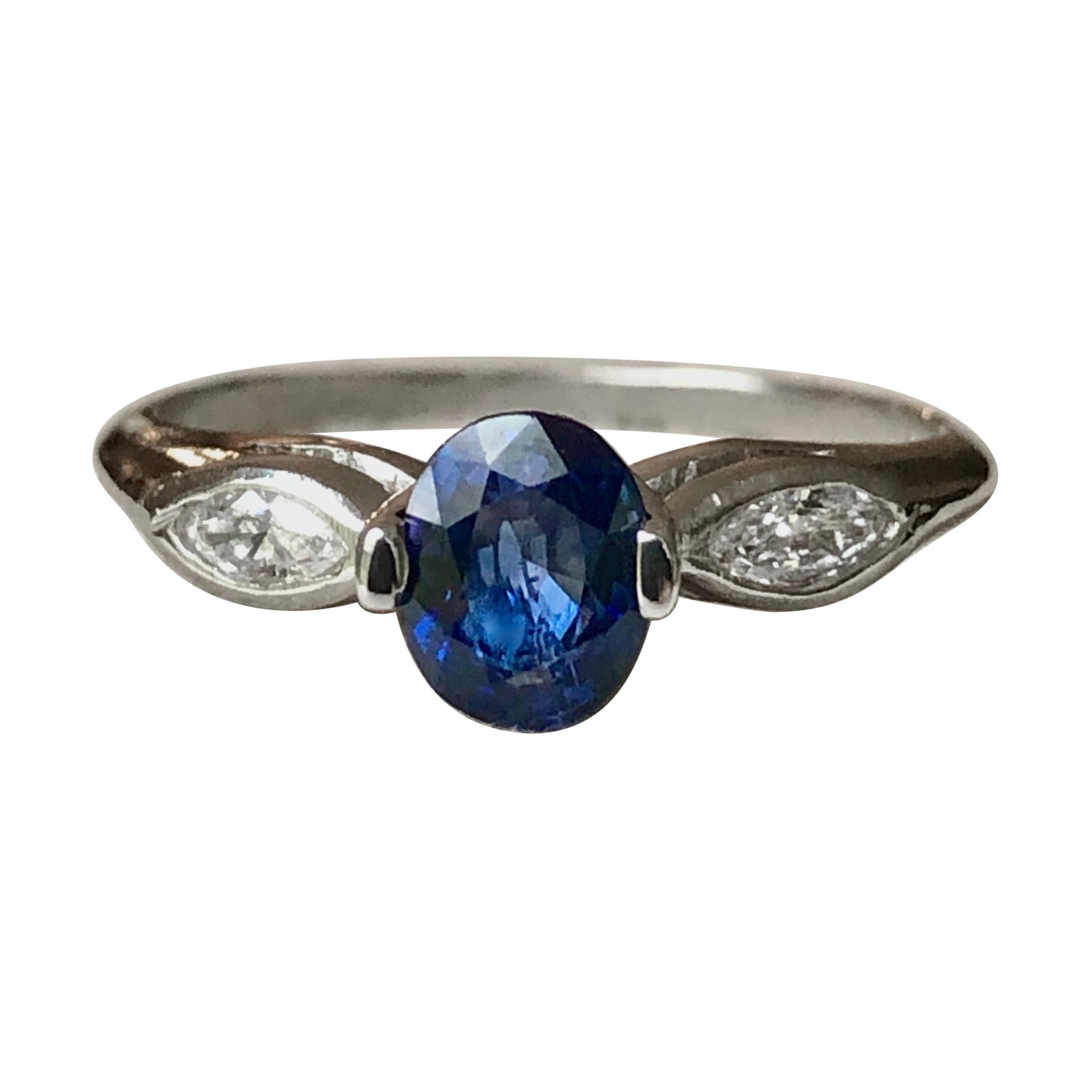 Platin Art Deco Blauer Saphir Diamant Verlobungsring