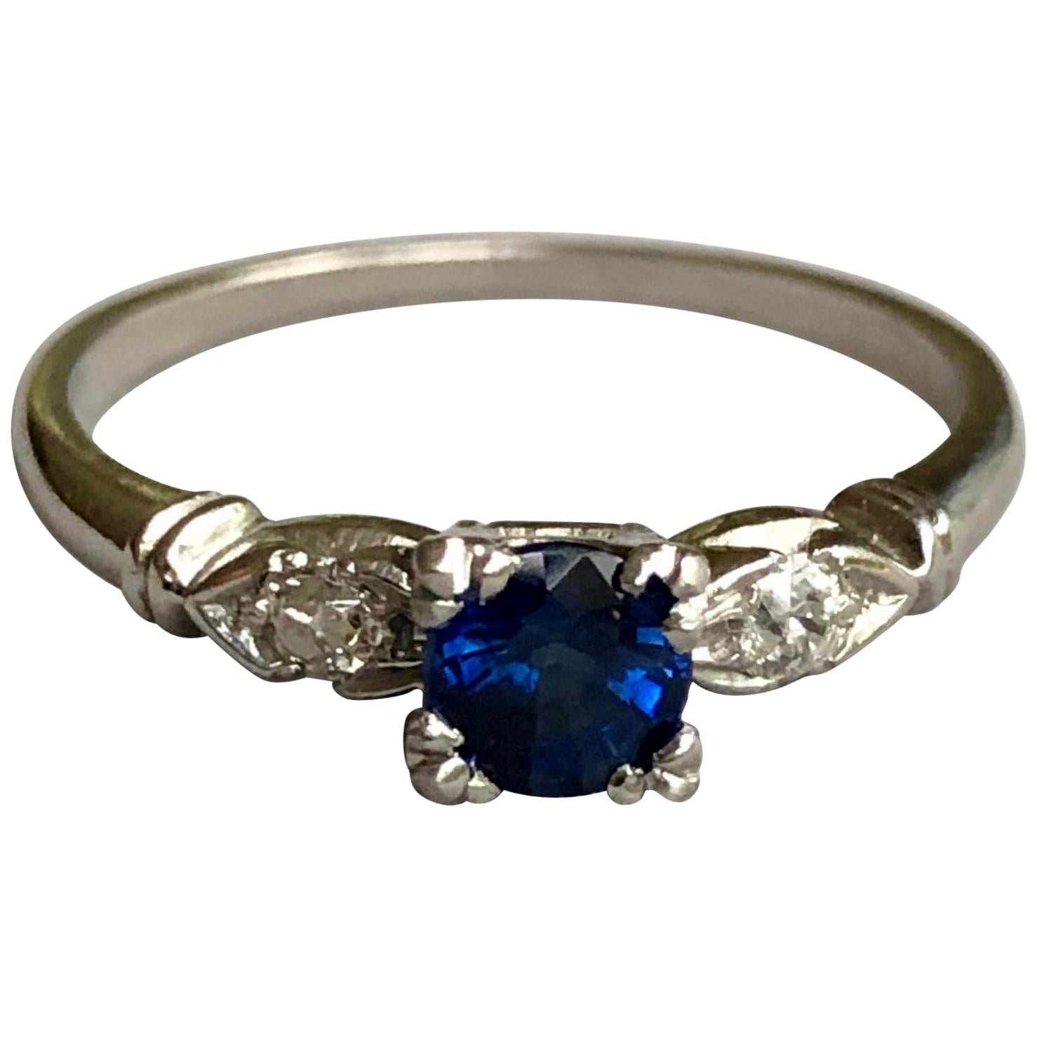 Platinum Art Deco Blue Sapphire Diamond Engagement Ring