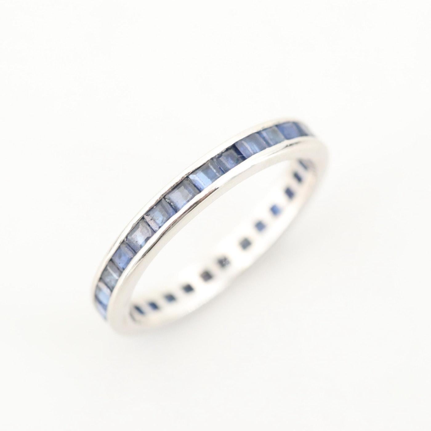 French Cut Platinum Art Deco Blue Sapphire Vintage Eternity Band Stackable Ring