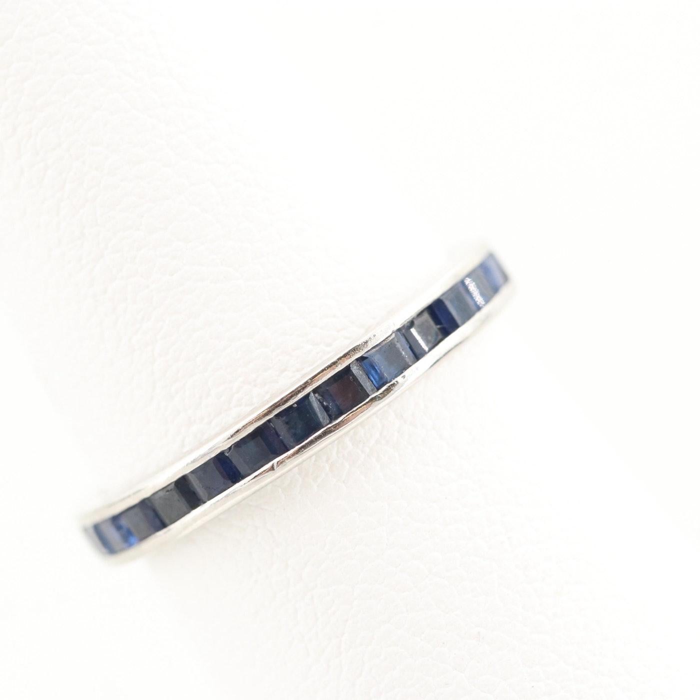 Women's Platinum Art Deco Blue Sapphire Vintage Eternity Band Stackable Ring