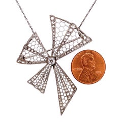 Platinum Art Deco Bow Brooch Necklace 1.00 Carat Diamonds 10.2g