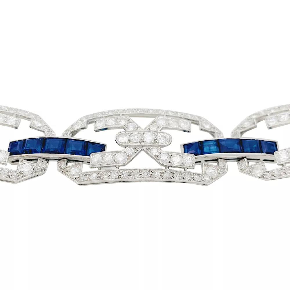 Square Cut Platinum Art Déco Bracelet, Diamonds, Sapphires For Sale