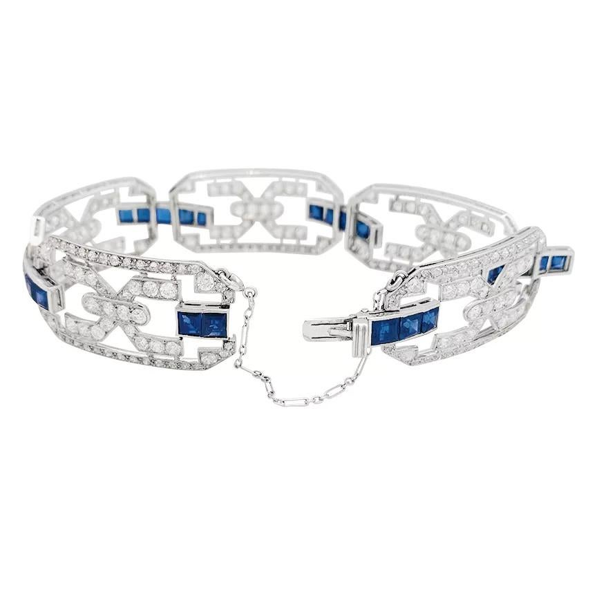 Women's or Men's Platinum Art Déco Bracelet, Diamonds, Sapphires For Sale