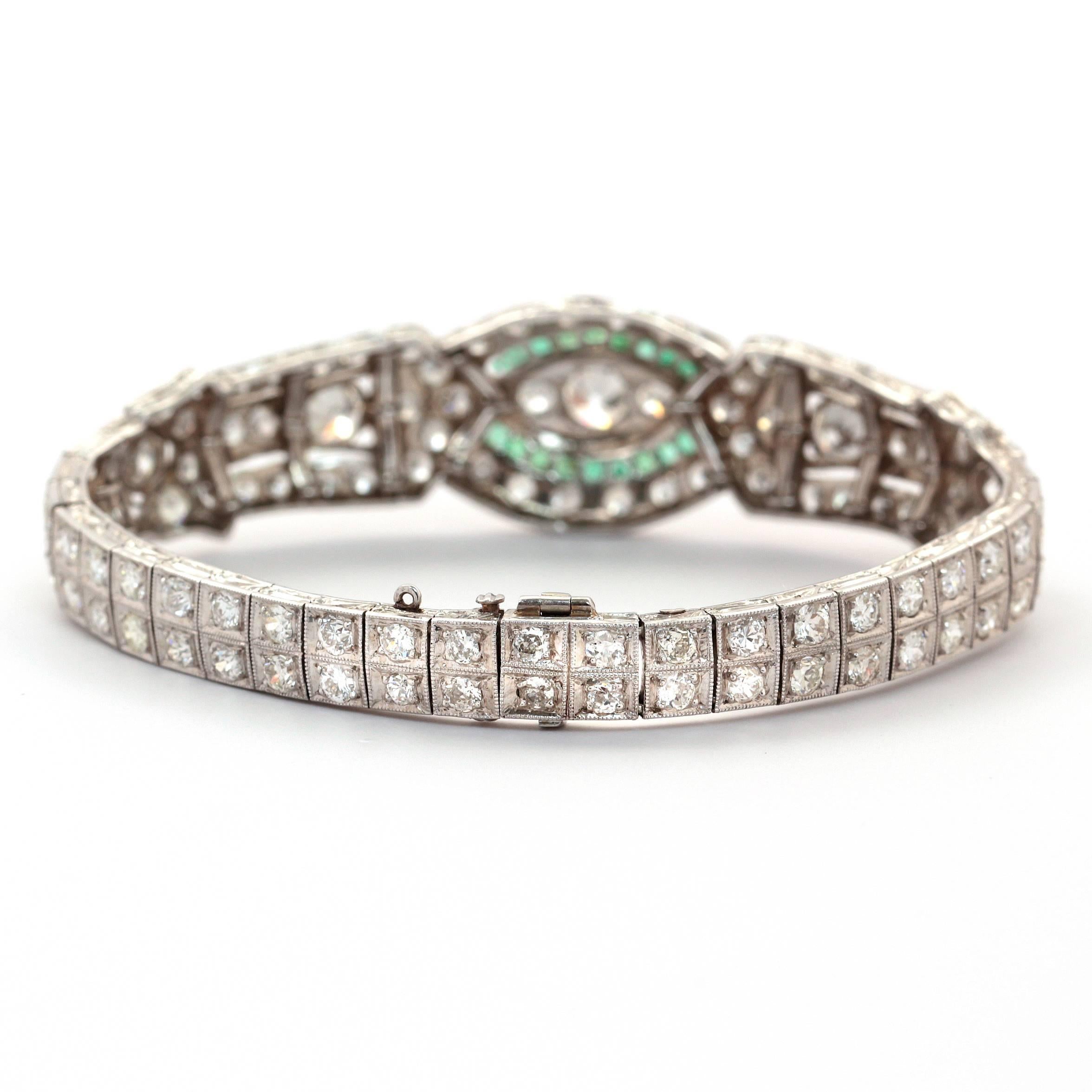 Round Cut Platinum Art Deco Bracelet with Diamonds and Emeralds 
