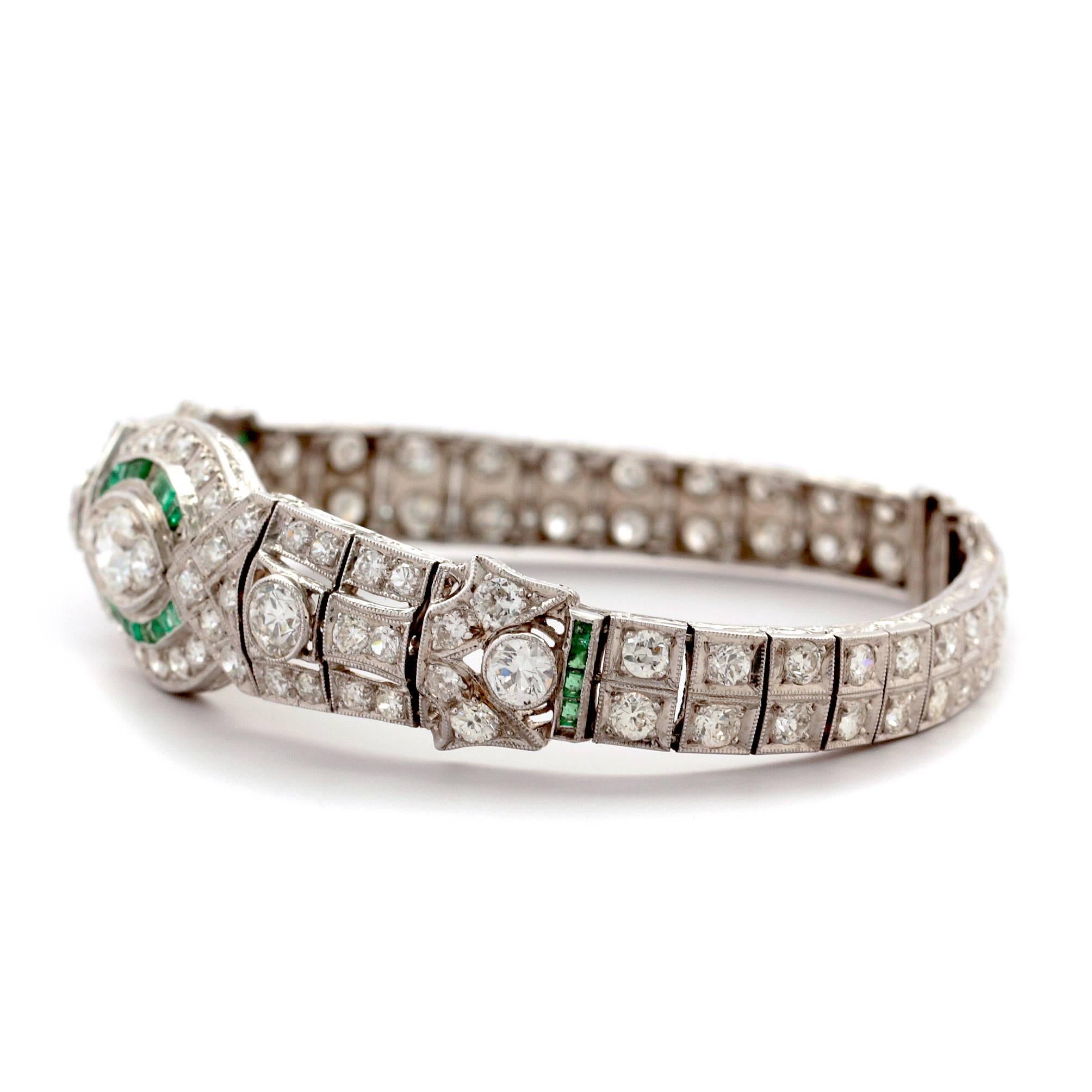 Platinum Art Deco Bracelet with Diamonds and Emeralds  In Good Condition In Los Angeles, CA