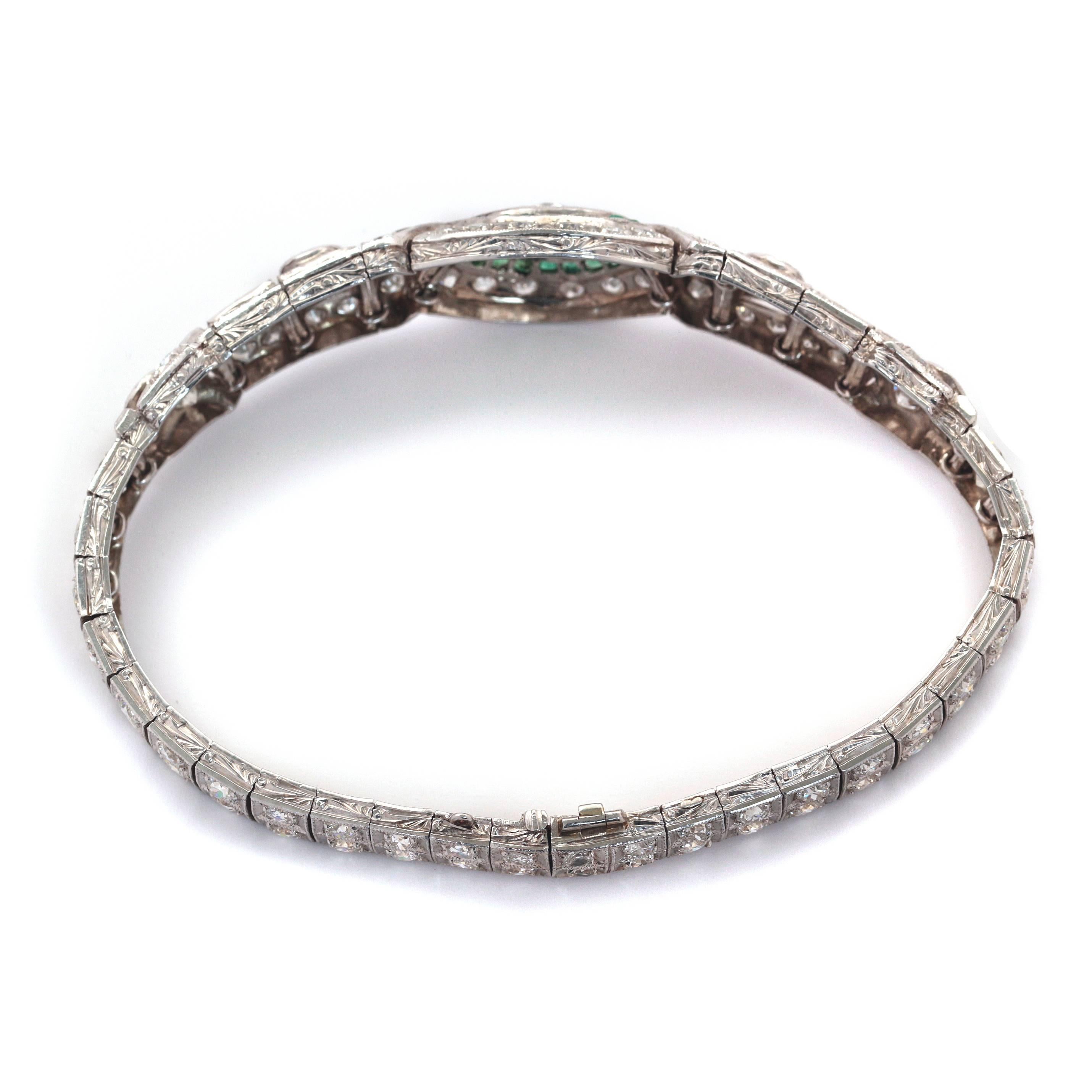 Women's or Men's Platinum Art Deco Bracelet with Diamonds and Emeralds 