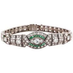 Platinum Art Deco Bracelet with Diamonds and Emeralds 