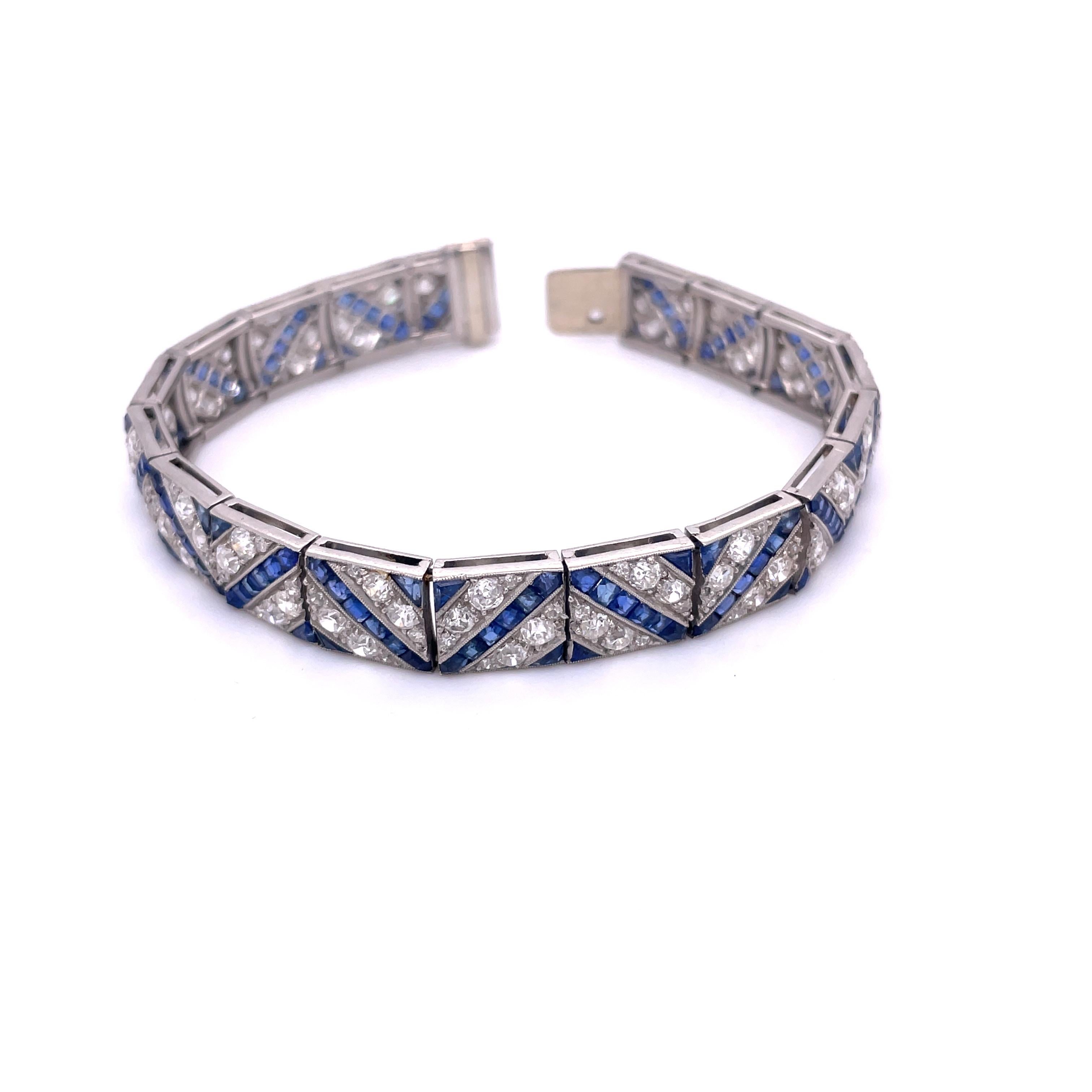 Old European Cut Platinum Art Deco Bracelet with Sapphires and Old Cut Diamonds For Sale