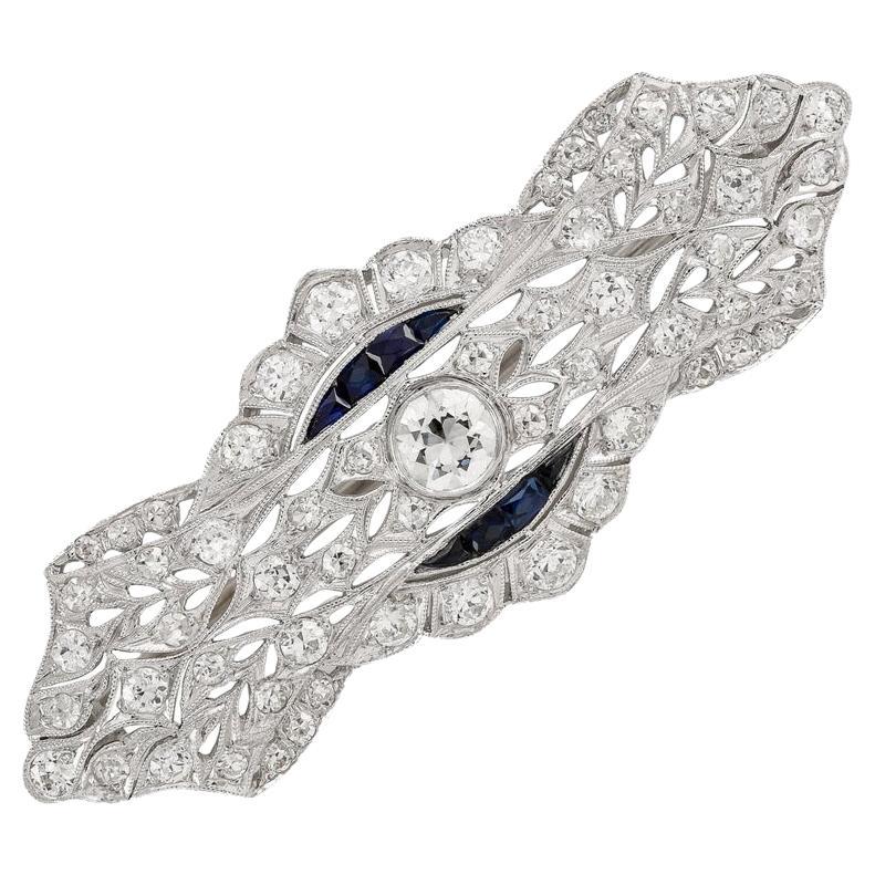 Platinum Art Deco Brooch 2.50ct Diamonds Calibre-Cut Sapphires, circa 1925 For Sale