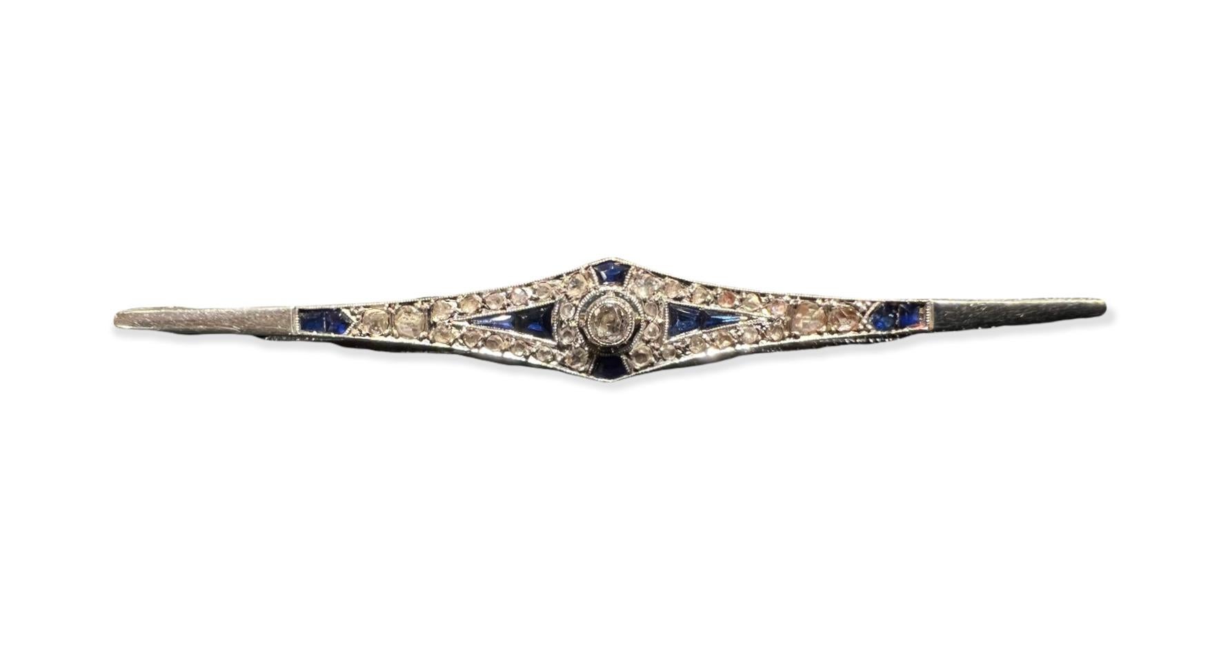 Women's or Men's Platinum Art Deco Brooch Set with Sapphires and Old Cut Diamonds