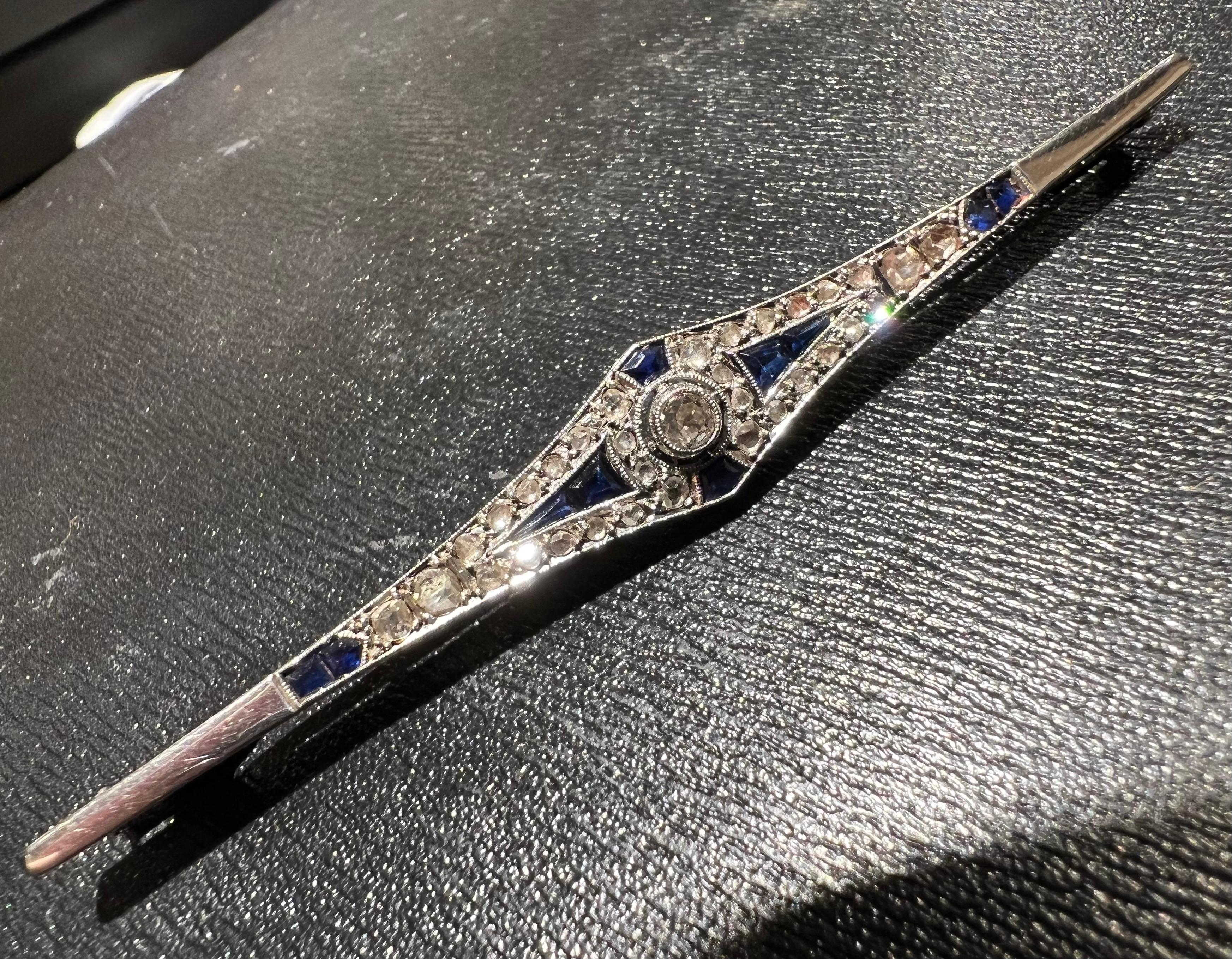 Platinum Art Deco Brooch Set with Sapphires and Old Cut Diamonds 1