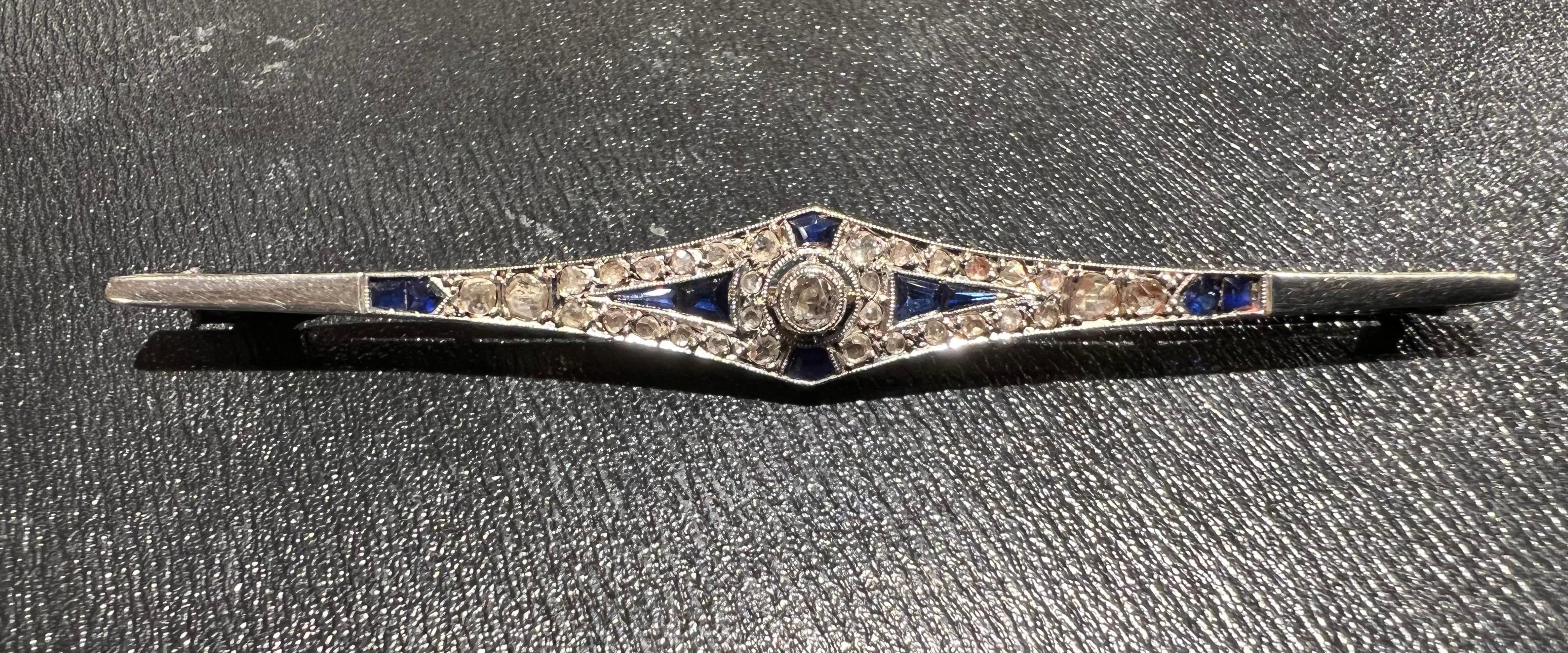 Platinum Art Deco Brooch Set with Sapphires and Old Cut Diamonds 3