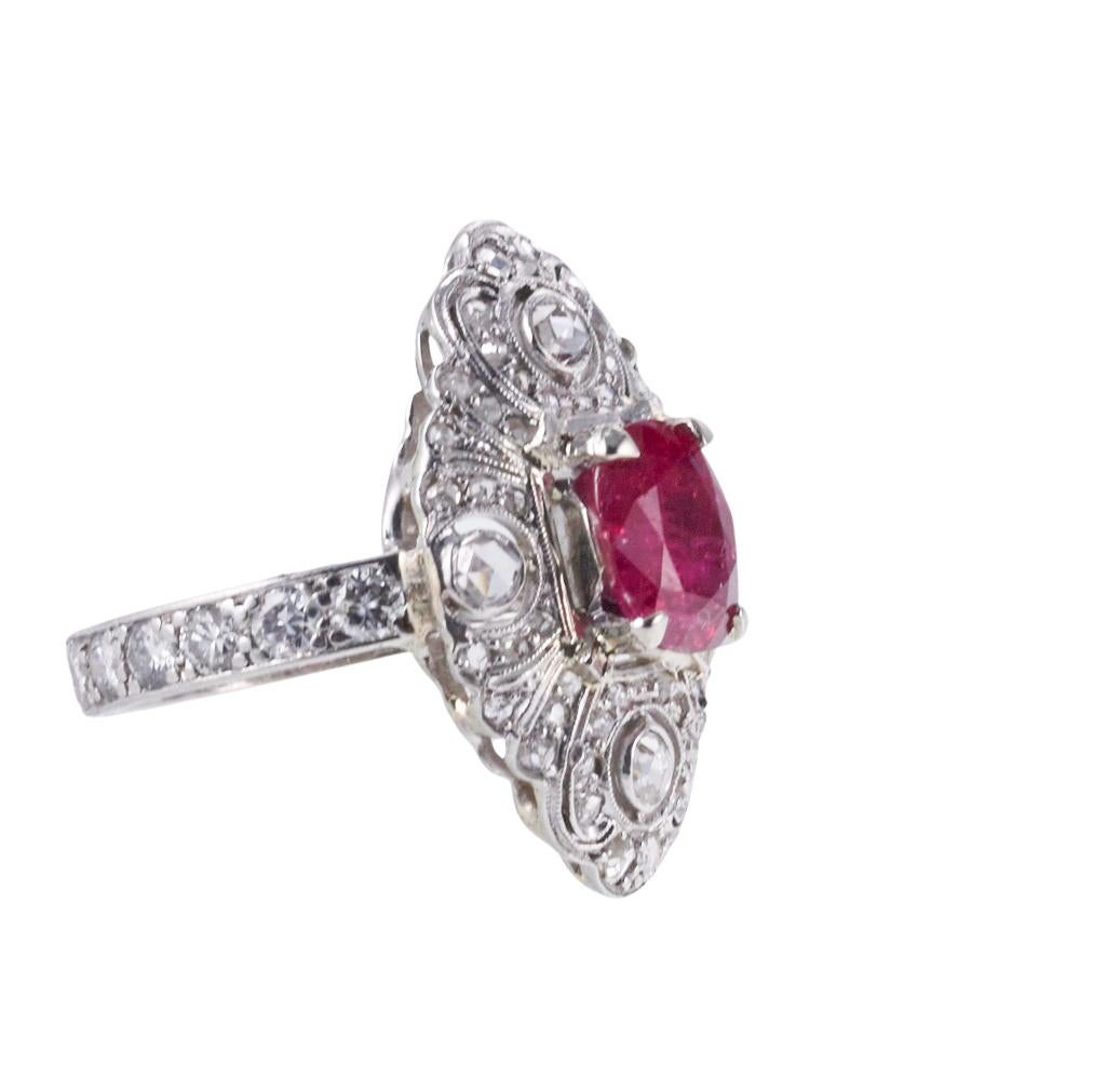 Round Cut Platinum Art Deco Certified 1.50 Carat No Heat Ruby Diamond Ring For Sale